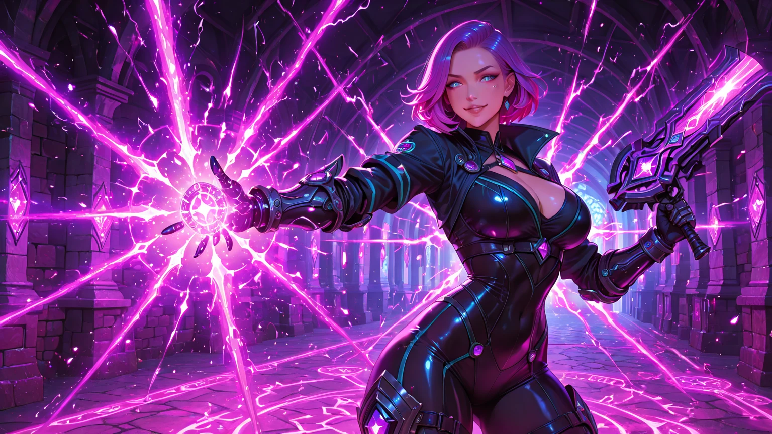 digital illustration,  female spellcaster,  senior, balanced, pacific islander, amber eyes,  snub nose,   soft cheeks, uneven forehead, pear face shape,     , burgundy slicked-back hair hair, curiosity, elegant turn, character turns with a graceful spin, showcasing fluid body movement,  wearing cybernetic pixel pattern augmented reality capris,  quantum-vinyl bell bottoms,   , dodging an opponent's attack, poised for a retaliatory strike, cyberpunk neon, high-security vaults protecting valuable corporate assets, cyber-noir