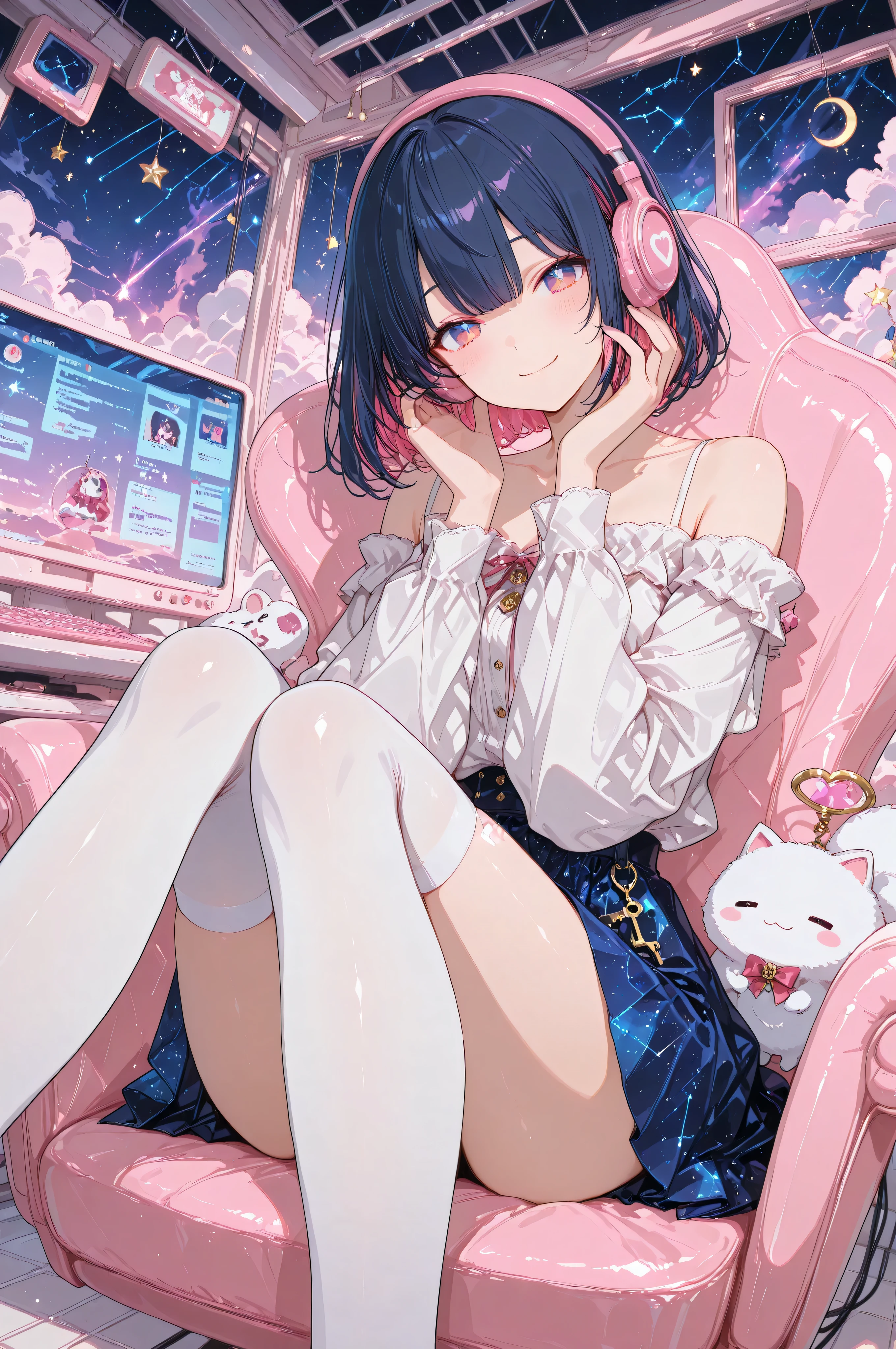 (masterpiece, better quality, ultra-detailed, anime illustration, official art, resolution 8k: 1.3), anime key image, beautiful solo Vtuber girl), sweet smile, looking at the viewer, (large sparkling lavender-pink gradient eyes with stardust pupils: 1.2), (long galaxy-colored hair with lavender, pink , синие цвета и крошечные светящиеся stars: 1.3), white off-shoulder blouse, dark blue constellation skirt, thigh high socks , headphones with floating crescent. sitting in a soft egg chair, in a magical streaming room with a rotating starry sky and pastel nebula background, floating table, holographic chat, cute cloud pet. dynamic angle, magical glow, sparkles , stars, hearts. popular anime style solo Vtuber girl, like hololive, nijisanji.