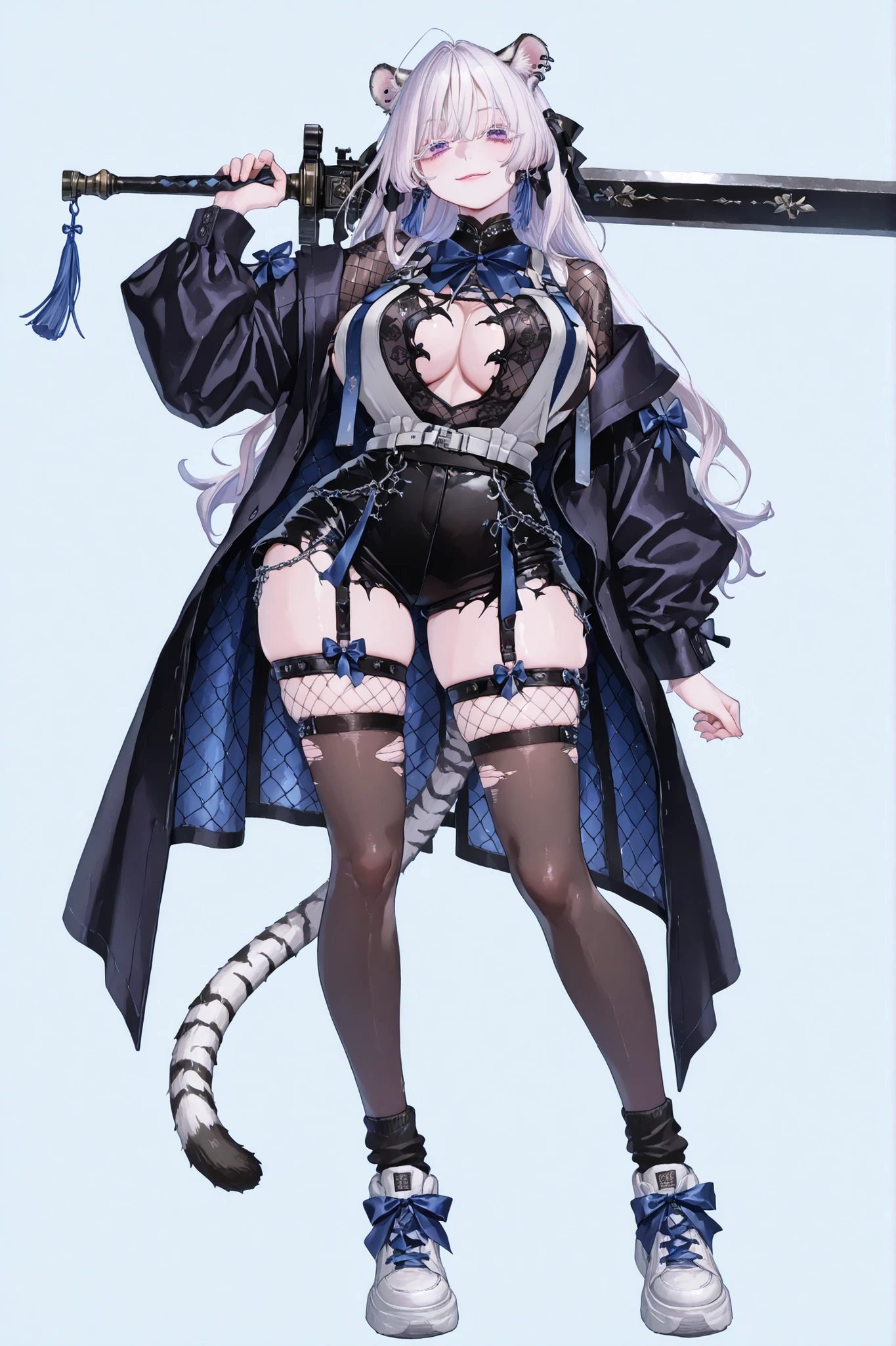   8k wallpaper、    top quality 、masterpiece,   748cm スThailandル   、sexy lacey black bralette fishnet top ,   woman 1 person、ribbon、piercings and earrings on her ears,  black ripped punk shorts、 cute black oversized coat with puffy sleaves with open sholders 、cute big bow on her back, long tiger tail with cute bows, chains and Accessories on it,  dark pantyhose and fishnet、 black knee socks 、rororogi mogera、 style strap 、 Thailand、  pantyhose、、pinkish with hair with blue underneath、white albino eyelashes   、   long hair、  Underbob  、blue ribbon bow in the head、  Pretty pastel purple Eyes、  wide hips、Protruding thighs   、 pale pinky skin,   very big breasts 、close up,  Light blue background 、open chest area dress,   simple background、lazy smile、 high detail design, standing up、boob window, leaning down towards the camera, making a cute fighting pose with her hands, fullbody, long tiger ears, huge sword on her back, punk style clothes, chest fishnet top, fishnet stocking, big cute black sport plataform sneakers, street's style, gun sheath.