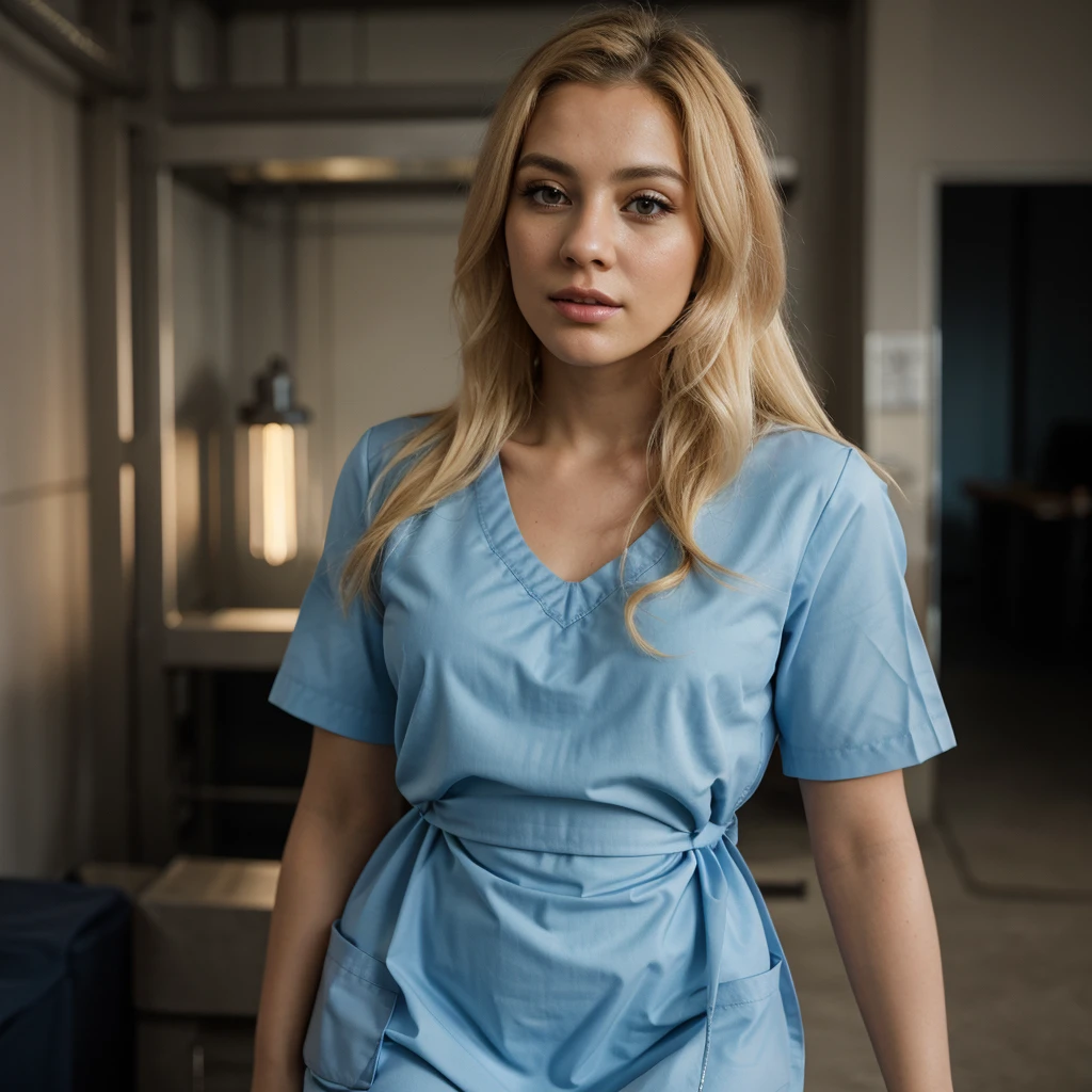 hyperrealism, (photorealistic:1.2), (film grain:1.3), masterpiece, best quality, perfect detail, cinematic lighting, professional photo, realistic photo, raw photo, charming nurse, blonde, fitness figure, medical gown, (nurse uniform:1.3), posing in the hospital,