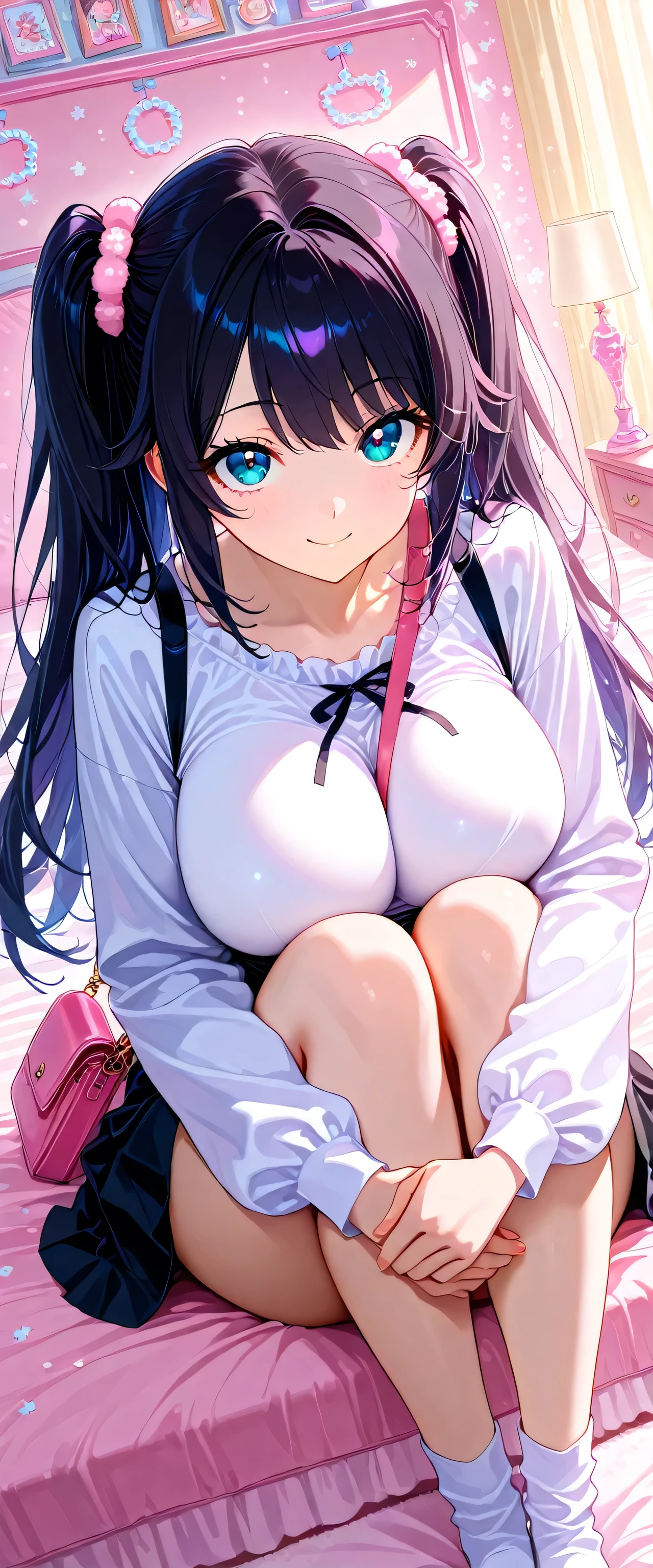 (beautiful girl:1.3),masterpiece,Ultra-high resolution,rich contrast,Very high quality,8k,Highly detailed CG unit wallpaper,Texture,So ridiculous,RAW Photos,Highest quality anime,anime-style illustration,studio anime style,professional photograph,an extremely delicate and beautiful,Depth of written boundary1.2,ultra-detailed eyes,Big eyes,Round eyes,two side up,Black Hair,swept bangs,Curvy Women,(suspender skirt,black),black pleated skirt,(white frilled shirt),long sleeve, bed,slim,(huge breasts:1.8),big and round butt,pale skin,Kawaii decorations,Calm,dynamic angle,backlight,wide,(pastel colors),,A cute room used by a girl,hugging own legs,upturned eyes,pai-sura, breasts emphasis, slant bag, bag strap passing between breasts,smile