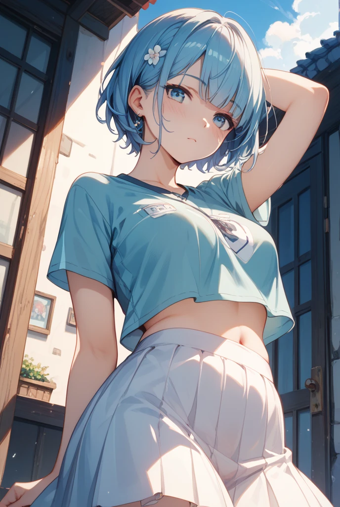 (Highest quality:1.4、8K:1.4、detailed)、F cup bust、Big Breasts、Slim body、Very white beautiful skin、((((1 person、Surprised expression、sit、Chair、In the background are the urban buildings of Tokyo、looking at the camera、Outdoor café terrace、coastal、Navy hair color、juice、Shooting up close、table、Very cute face))))、((((、))))、(Pose with hair tucked behind ears with both hands:1.4)、bikini、Very blue sky、A completely cloudless sky