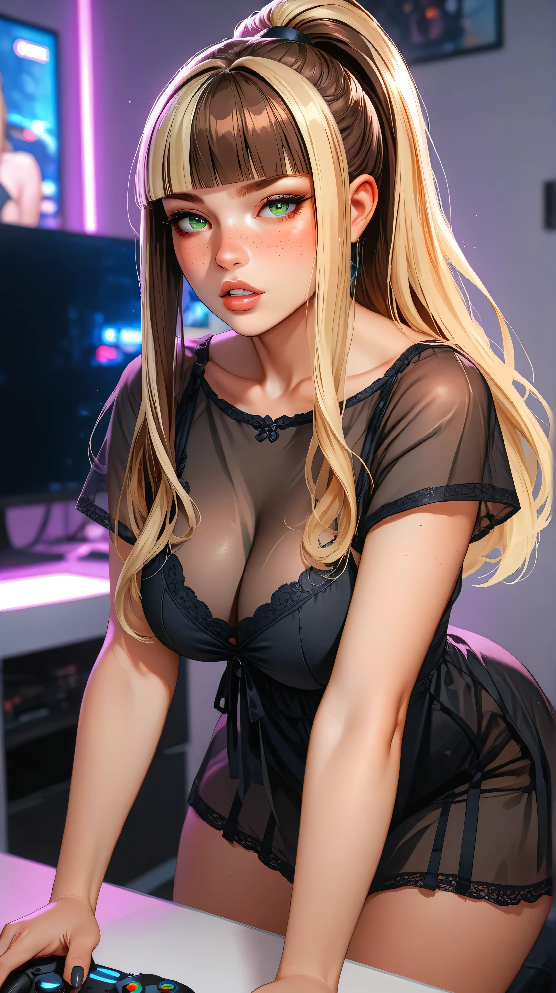 masterpiece, best quality, amazing quality, very aesthetic, absurdres, very awa, Inkyo, adult, aged up, green eyes, freckles, brown hair, streaked hair, blonde hair, high ponytail, hime cut, blunt bangs, curvy, , mouth, parted lips, blush, black fingernails, face focus, black nightgown, see-through clothes, rgb lighting, inside, gaming,