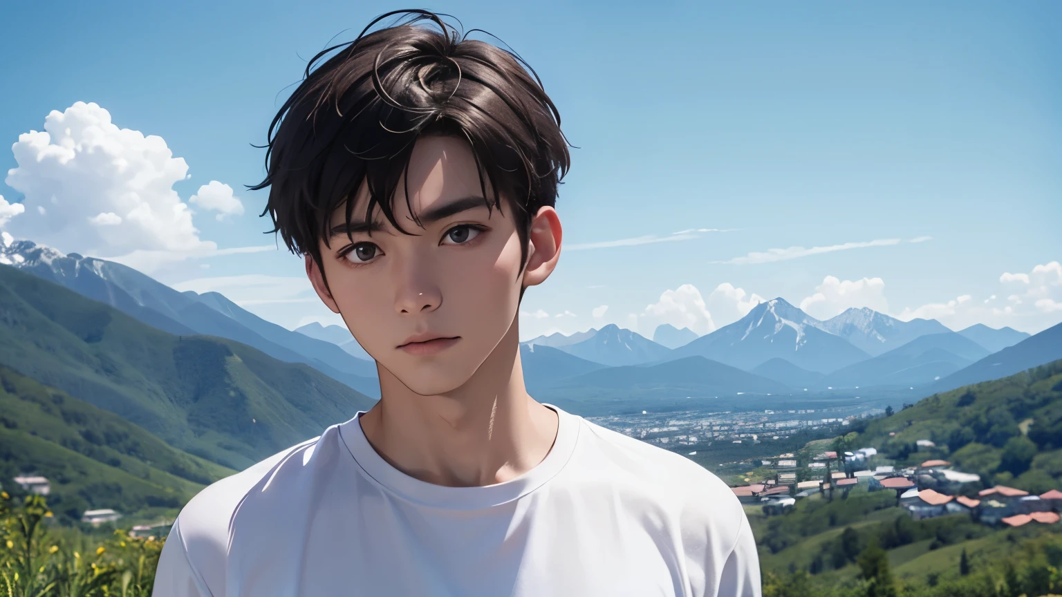  male　　handsome guys　short hair　dark haired　　　whiteｔshirt　　White Shorts　face slightly upward and sad expression　　　　　The gaze is directed far away　　summer resort　 Plateau　 Resort　the background is a beautiful sky and mountains