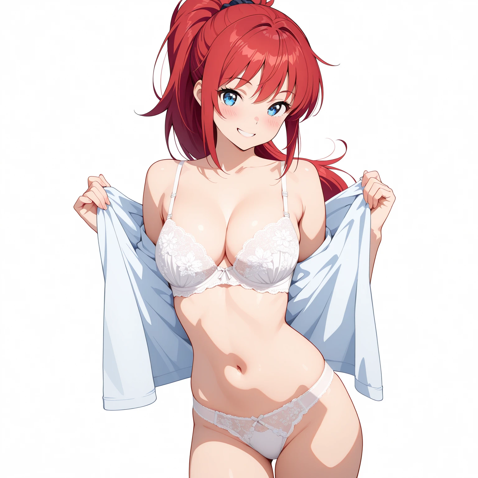 2 girls , Yuigahama Yui has a nice big bust and , waltz dance,The body looks forward,In underwear,Light Blue Bra,belly button,light blue panties,red ribbon on panties,pussy line,,look at the camera,shy,Troubled crying face,blush,high angle,