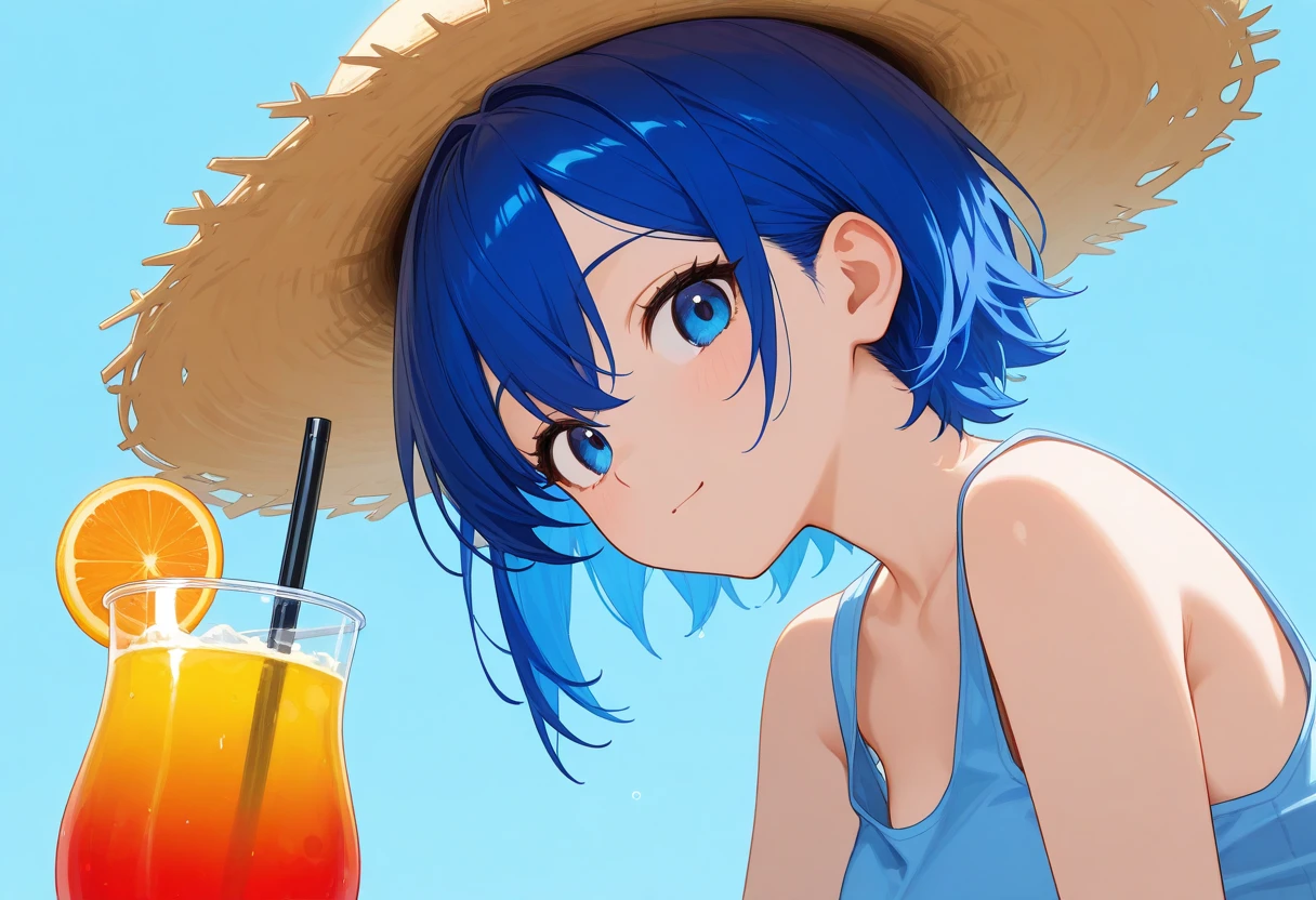 (Highest quality:1.4、8K:1.4、detailed)、F cup bust、Big Breasts、Slim body、Very white beautiful skin、((((1 person、Surprised expression、sit、Chair、In the background are the urban buildings of Tokyo、looking at the camera、Outdoor café terrace、coastal、Navy hair color、juice、Shooting up close、table、Very cute face))))、((((Bikini ))))、(Pose of putting hair behind ears with hands:1.4)、Very blue sky、A completely cloudless sky