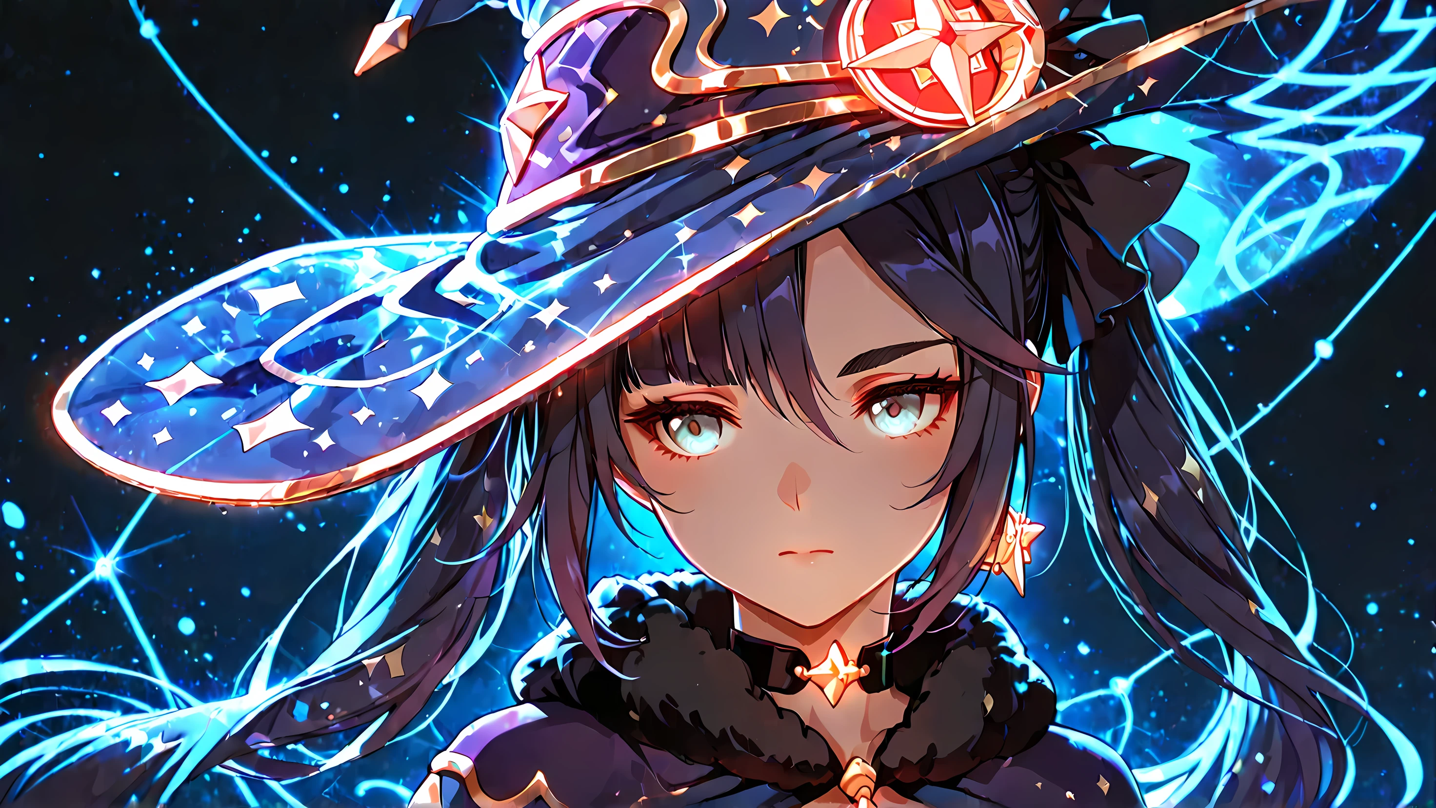Mona Megistus from Genshin Impact, anime style, facing forward with a serious expression, iconic astrologer hat with glowing outlines, detailed hydro-themed outfit with star and constellation patterns faintly glowing, ethereal blue neon rim light illuminating her silhouette, dramatic shadows, flowing hair with glowing edges, mystical aura, butterfly-shaped glowing light behind her, cinematic high contrast, ultra-detailed, neon glow effect, dark background, 16:9 aspect ratio