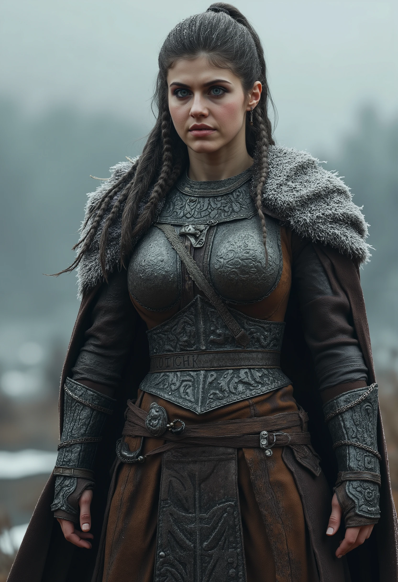 Skin de Viking feminina do PUBG Mobile: leather and skin warrior armor, Intricate Norse rune decorations, Hair braided with iron ornaments, Frost-Touched Cape, steel shoulder plates, PUBG cinematic design ready for battle.&&" Quote "; cita &" Quote ";;