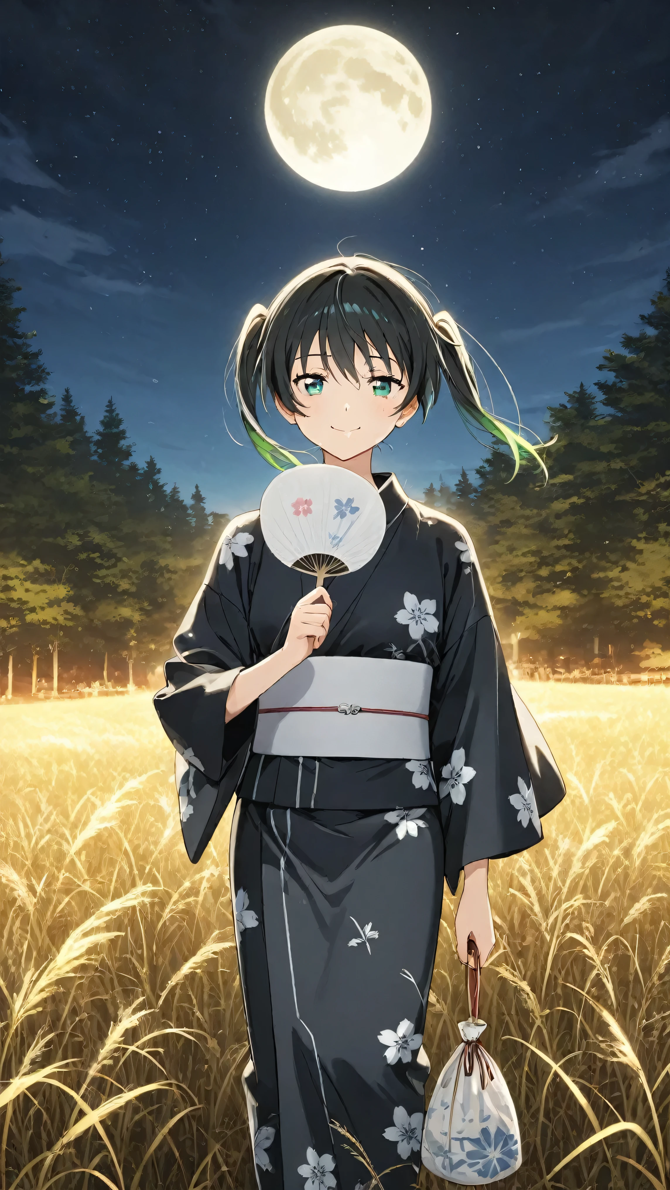 (A girl is standing in the moonlight wearing a yukata made of elegant black fabric with a floral pattern, holding a Uchiwa under her face, with an elegant expression on her face),(smile),(closed mouth),
(In the background, a large full moon in the autumn night sky illuminates a field of large silver grass swaying in the wind, bathing it in golden light),(She is wearing a black yukata with a floral pattern),
(She holds an extra-large Uchiwa),
(holds Uchiwa under face),
(Uchiwa is non-folding fan with a handle),
(She is not holding anything in her left hand),
(In the background is a vast expanse of golden silver grass),
(A big full moon shines in the night sky),
(Only nature in the background),
(The wind is blowing),
(Japanese anime style),
(nature),
(masterpiece),(best quality),(detailed,highly detailed),(highly detailed),(ultra detailed),(high resolution),(4K),(8K),
(super detailed skin),(detailed beautiful eyes),(fgldetailed beautiful face),
(very detailed background),(highly detailed background),
takasaki yuu,