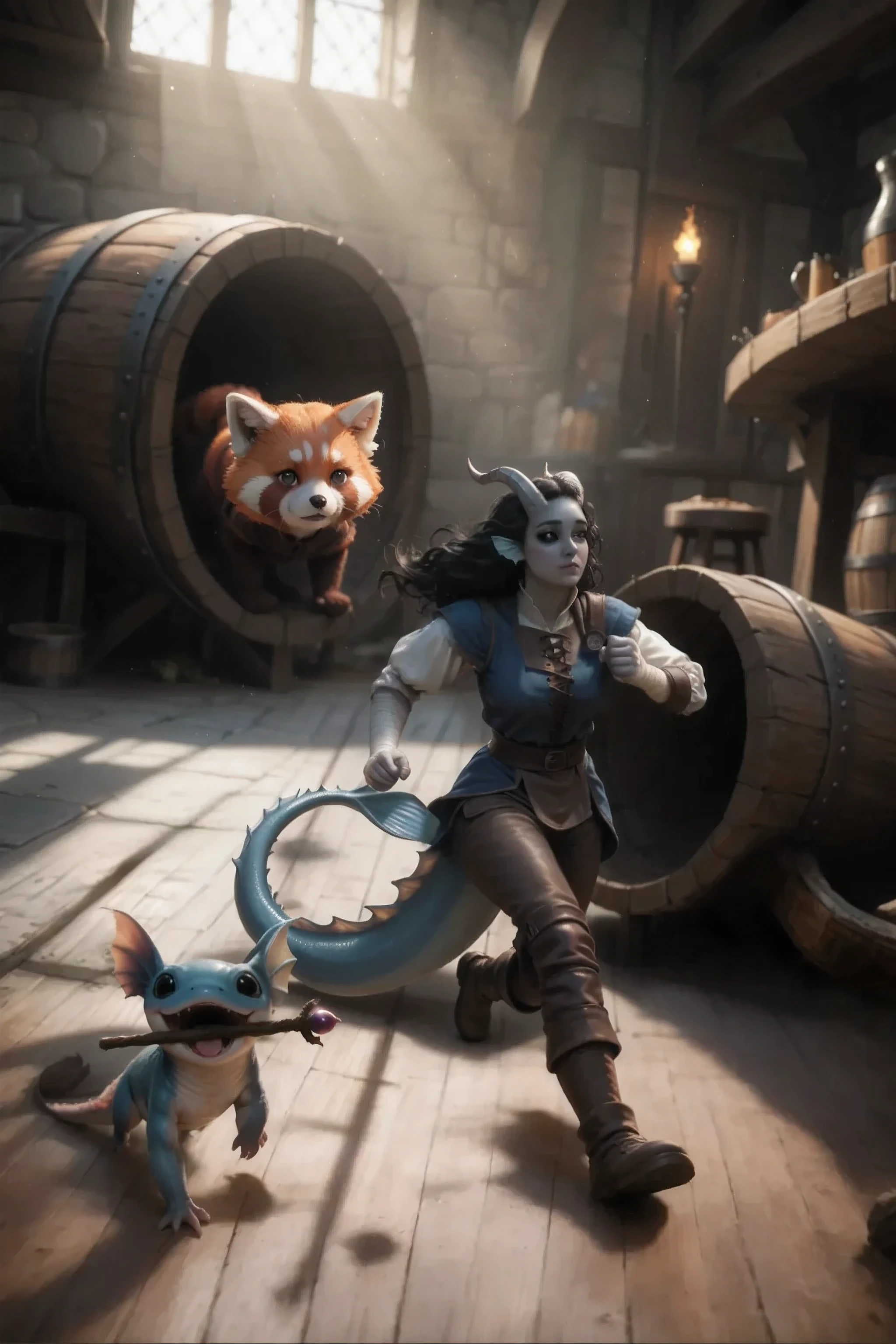 Extreme angle from below. through the eyes of a midget: the view from the textured wooden floor, an ant crawls, in the distance, you can see a large wooden barrel half of the frame on the edge of the frame. A predatory red panda looks out of the barrel. In the background, the medieval empty tavern is very blurred.
Character_Fuli, , a cute creature with big black eyes and a little open mouth runs away from the red panda.
Extreme angle from below рядом бежит Kedra, young woman (with dark blue-gray skin), fins on the head, horns, long thick tail at the back, runs away from the red panda a little frightened at a cute creature running side by side on the wooden floor of a huge tavern, flowing black hair developing in the wind, bright blue eyes , blue hand wraps, medieval clothing, ( Best hands ). ( 5 fingers), is running next to each other against the background of a huge medieval tavern.
Very blurred from the very beginning, the color of the frame. In the foreground, you can see a huge floor turned upside down, very blurred and darkened wooden mug with frame edge.
The best light. Warm sunlight falls from above. giving very long soft shadows.
Cold light on the edges and warm in the center.
masterpiece, runs in fear, the best quality, ultra-detailed, Cinematic emotional static frame, 8K UHD, extremely detailed, physical visualization, HDR, (SFW:1.4).
