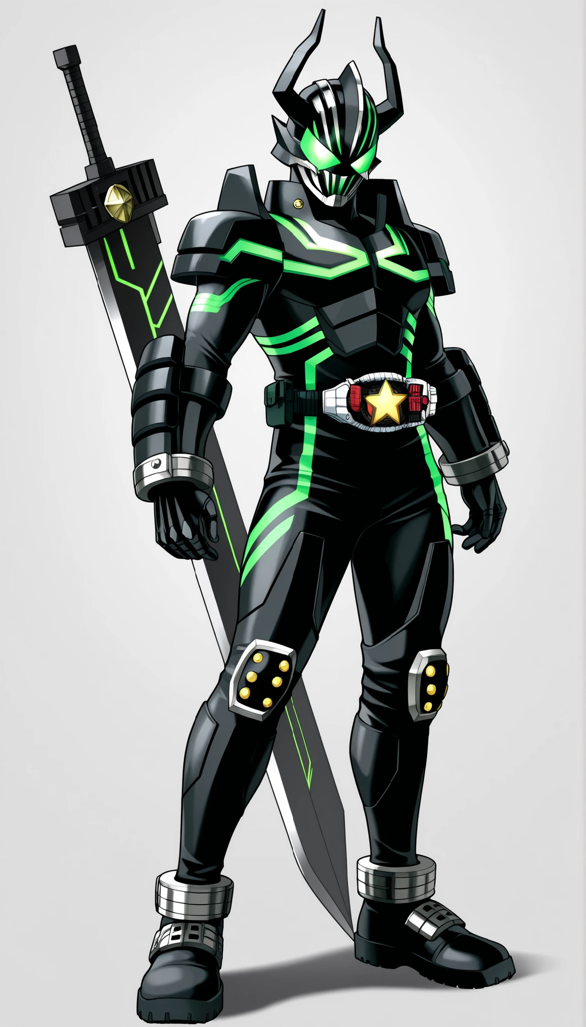 ((Highest Quality)), ((Simple Light Grey Background)), (My Hero Academia Style), standing, 1boy, teenage, solo, athletic body, slim body, slender body, standing, Full Body, Tokusatsu Villain Character, Tokusatsu Character, Tokusatsu villain, Kamen Rider  villain, Black metal helmet Headwear on, Neon Green Eyes, tight black bodysuit, full body bodysuit, Black armor Plates, black armor chest plate, black armor studded spiky shoulder pads, Black armor studded  spiky elbow pads, black armor studded spiky knee pads, black armor studded spiky ankle boots, black armor forearm plates, black armor belt, (Four-pointed star black metal buckle), four-pointed star Neon Green chest design, Neon Green details, Black  Dragon armor theme, black Buster Sword, Buster Sword with four-pointed star guard, Buster Sword with four-pointed star pommel, holding Buster Sword, hidden mouth, hidden eyes, hidden face, hidden hair, (four-pointed star details), (light armor), curved horns, horns, pulled front curved horns, Black tactical surface fighter, 