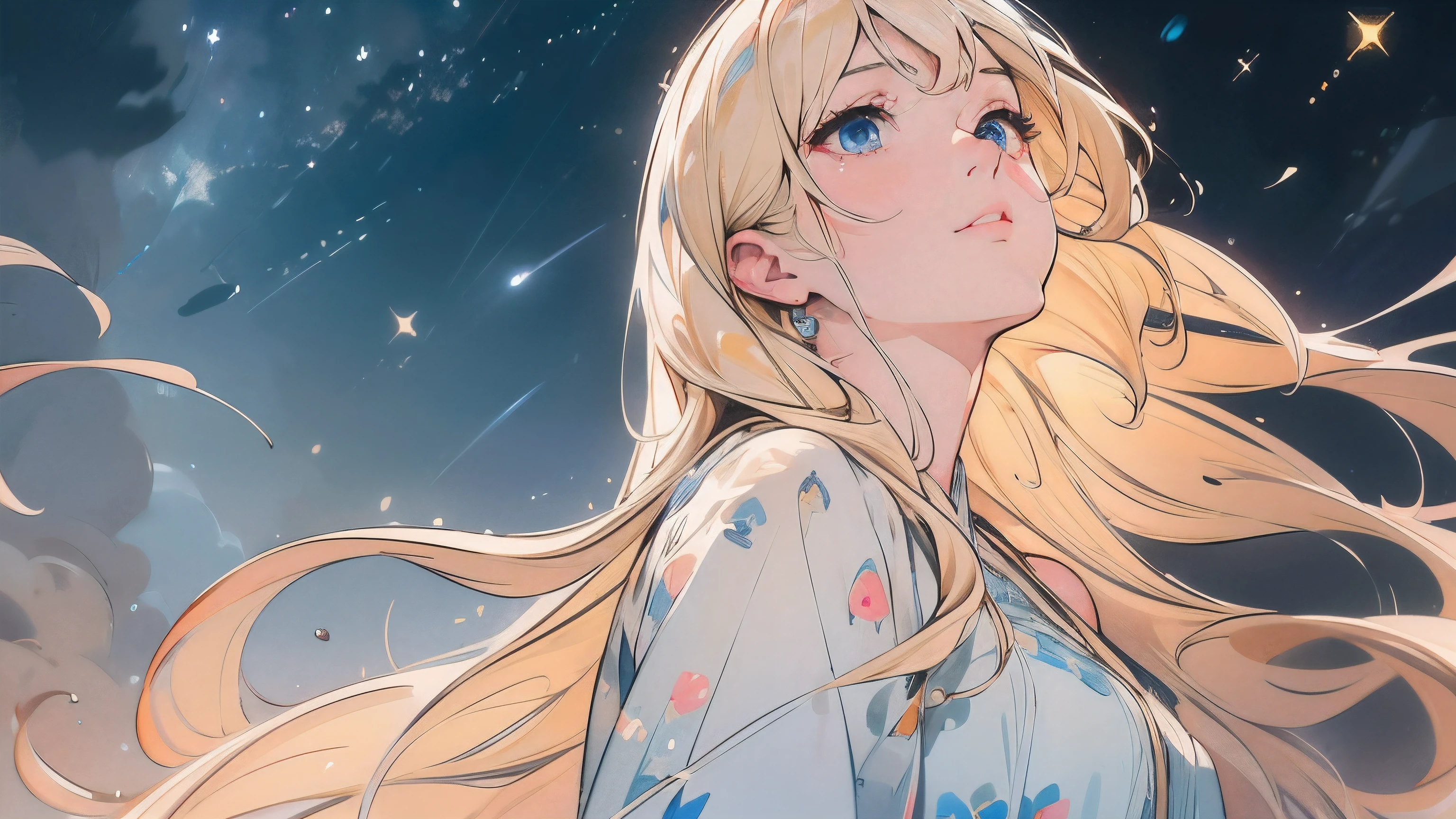 Looking Up at the Night Sky、profile、Blonde woman、summer night、 Midnight 、Blond woman with blue eyes and eyes、4K high resolution、Ultra Fine、Vivid Colors、Realistic、HDR、UHD、studio lighting、super fine painting、sharp focus、physical based rendering、Extreme Detailed Description、Professional、vivid colors、Bokeh、Full Body、dress