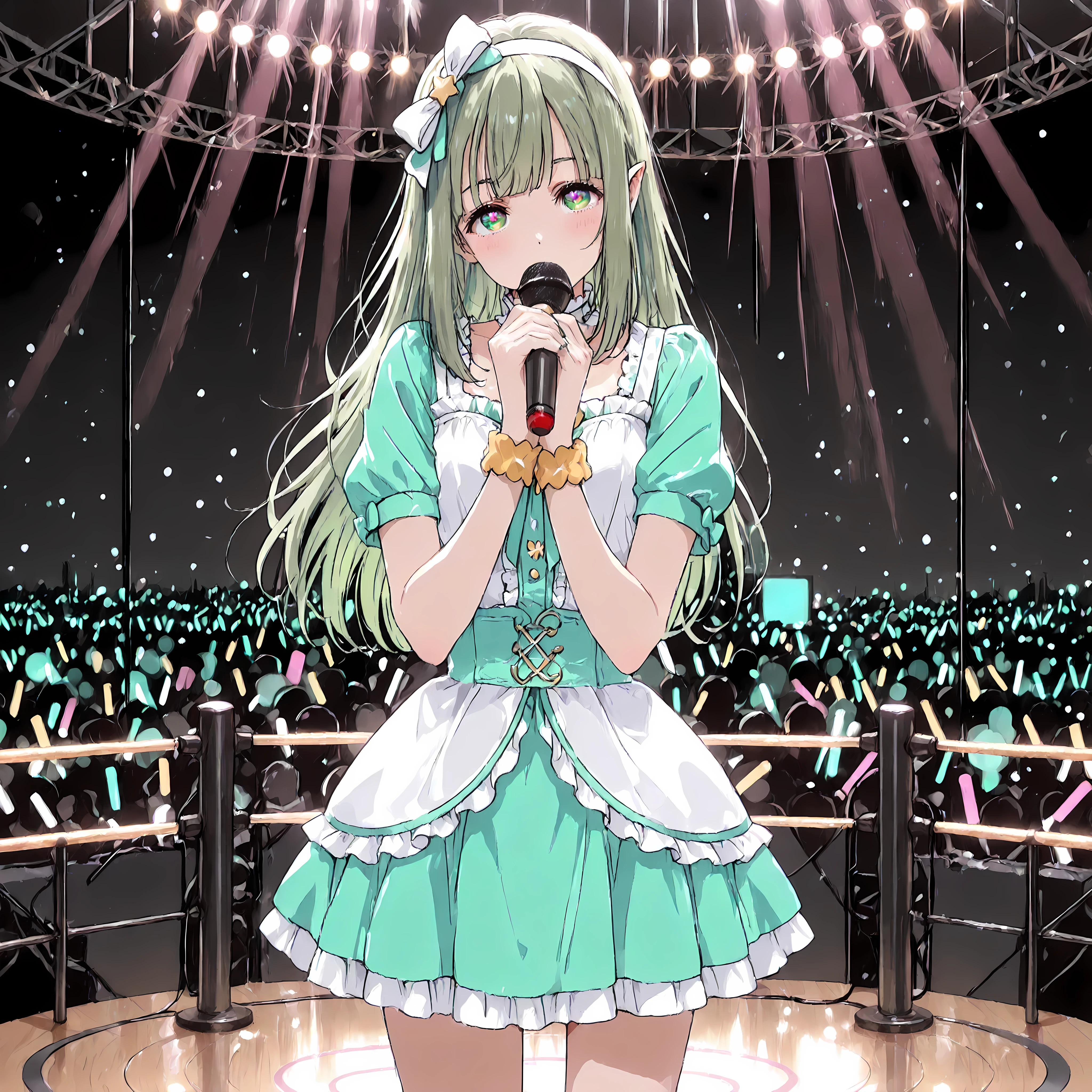 best quality, amazing quality,masterpiece,absurdres,ultra detailed,,1 girl,orphia-default,green eyes,green hair,long hair,hair bow,hairband, pointy ears, high definition eyes,detailed eyes,high gradient eyes,eyesHD,short skirt idol,soft fabric, chest,idol love live,posing, on stage, looking at the audience,holding the microphone