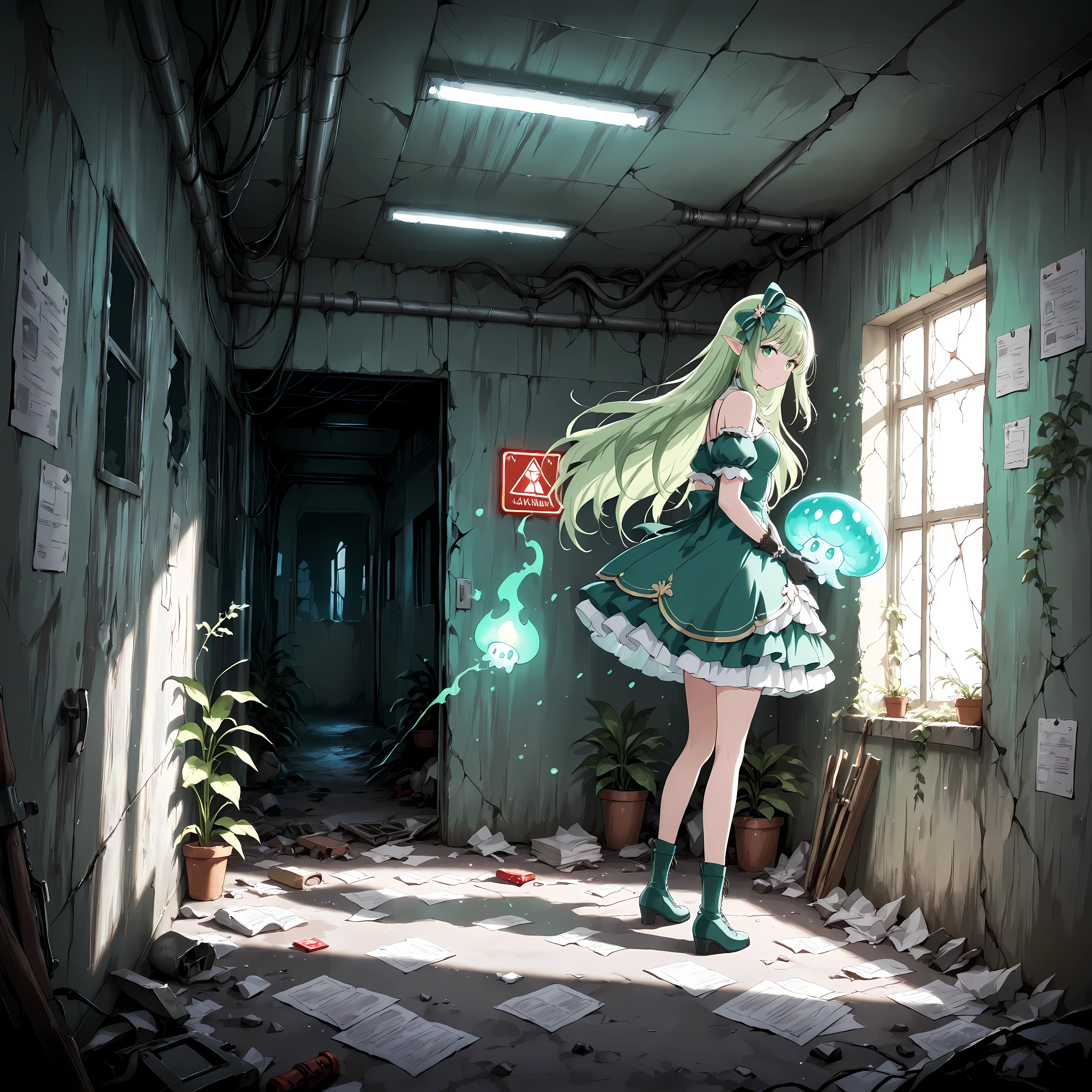 best quality, amazing quality,masterpiece,absurdres,ultra detailed,
orphia-default,green eyes,green hair,long hair,hair bow,hairband,pointy ears,green dress,puffy short sleeves,bare shoulders,frilled skirt,lace-up gloves,cross-laced footwear,detailed eyes,anime eyes,high detail eyes,multicolored iris,detailed iris,
standing inside an abandoned school campus,broken windows,collapsed ceiling,cracks on the wall,creeping mutant plants,glowing fungi,apocalyptic atmosphere,scattered papers on the ground,dim neon lights,faint smoke,futuristic ruined lab equipment,red warning signs,mutant shadows in the background,cinematic lighting,dramatic shadows,post-apocalyptic vibe,highly detailed,ultra sharp focus