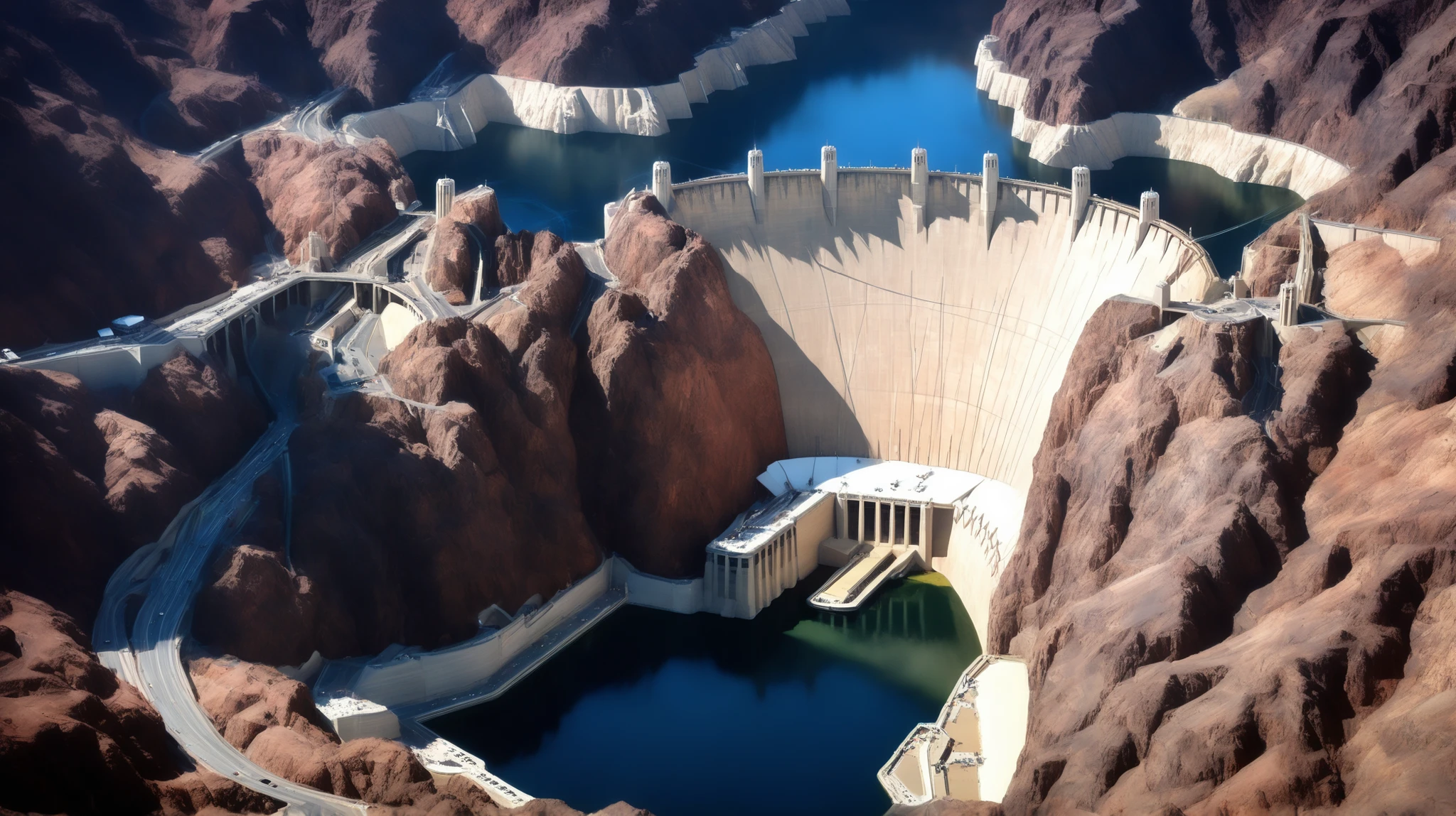 high-definition images、Nevada、(The huge Hoover Dam)、(Hoover Dam:1.5),(220m high gravitational concrete dam:1.5),(The majestic atmosphere of a supermassive structure:1.5),(There is a slight fog in the image taken from above:1.5),dammed the Colorado River、Lake Made was formed from stored water、fish at Lake Maid, jet ski, wait. You can、Spectacular dam exterior、(mega structure:1.5),
