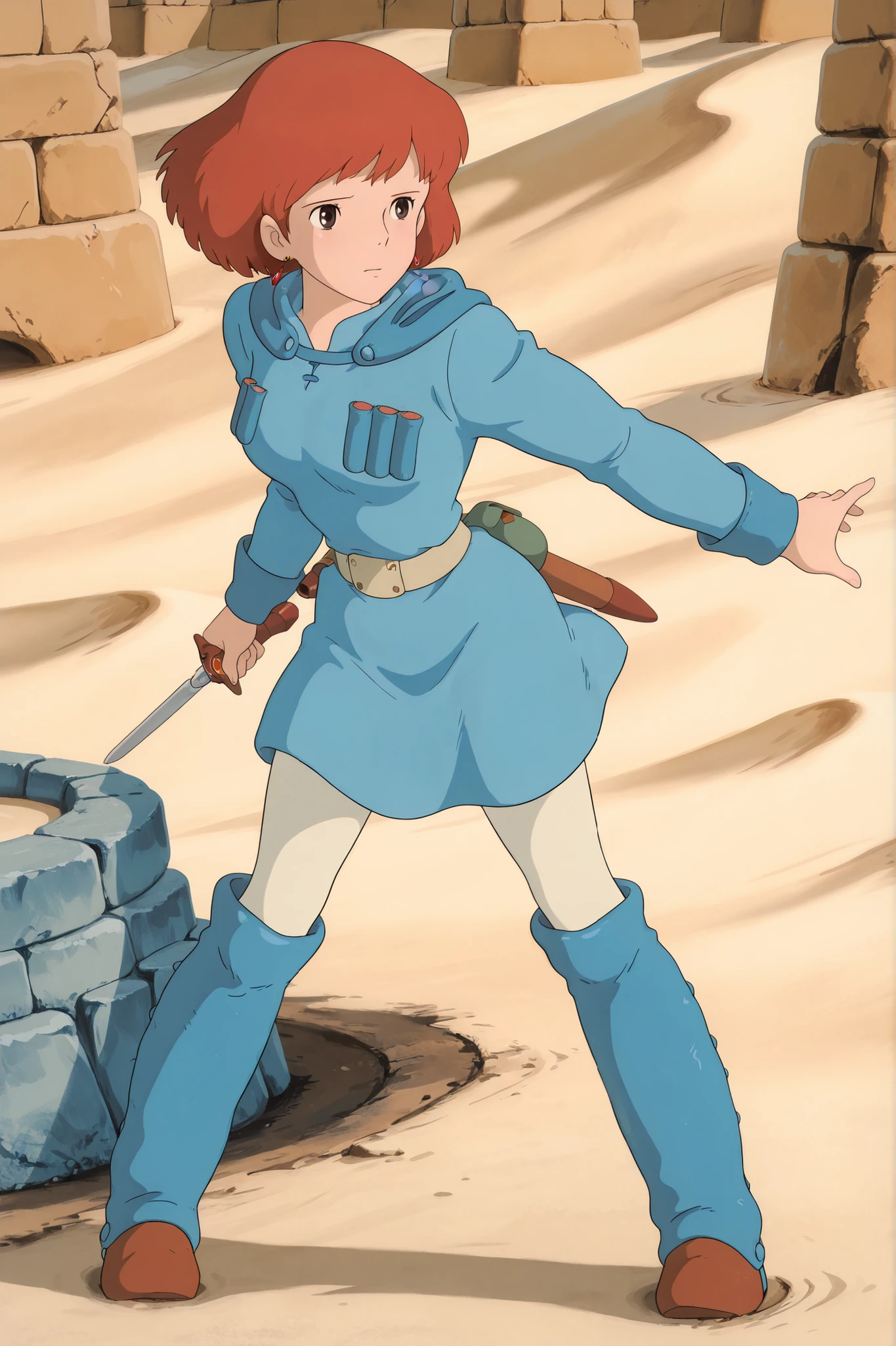 (Masterpiece, top quality, 8k, High quality anime, detailed and accurate anime poster, Studio Ghibli style, High sense), Nausicaa, 1girl, very beautiful, ((solo shoot)), Single Shoot, very cute, (adorable face, very kind ness), wandering wide desert, wind blow, small sword, Exotic atmosphere, anxious face, orange hair, short hair, ((elegant short bob cut)), dark brown eyes, beautiful clear eyes, Red Gemstone Earrings, beautiful breasts, beautiful legs, perfect body balance, perfect beauty, slender body, (looking at me), beautiful desert Scenery, Beautiful dessert scenery, stone wall, front view, hood, skin-colored leggings, short blue dress, chest bullet holder, long_sleeves, belt, silver buckle, blue leg warmer,knee boots, felt shoes, pouch, scabbard, VWNausicaa, 1girl, orange hair, short hair, brown eyes, medium breasts, cool pose,