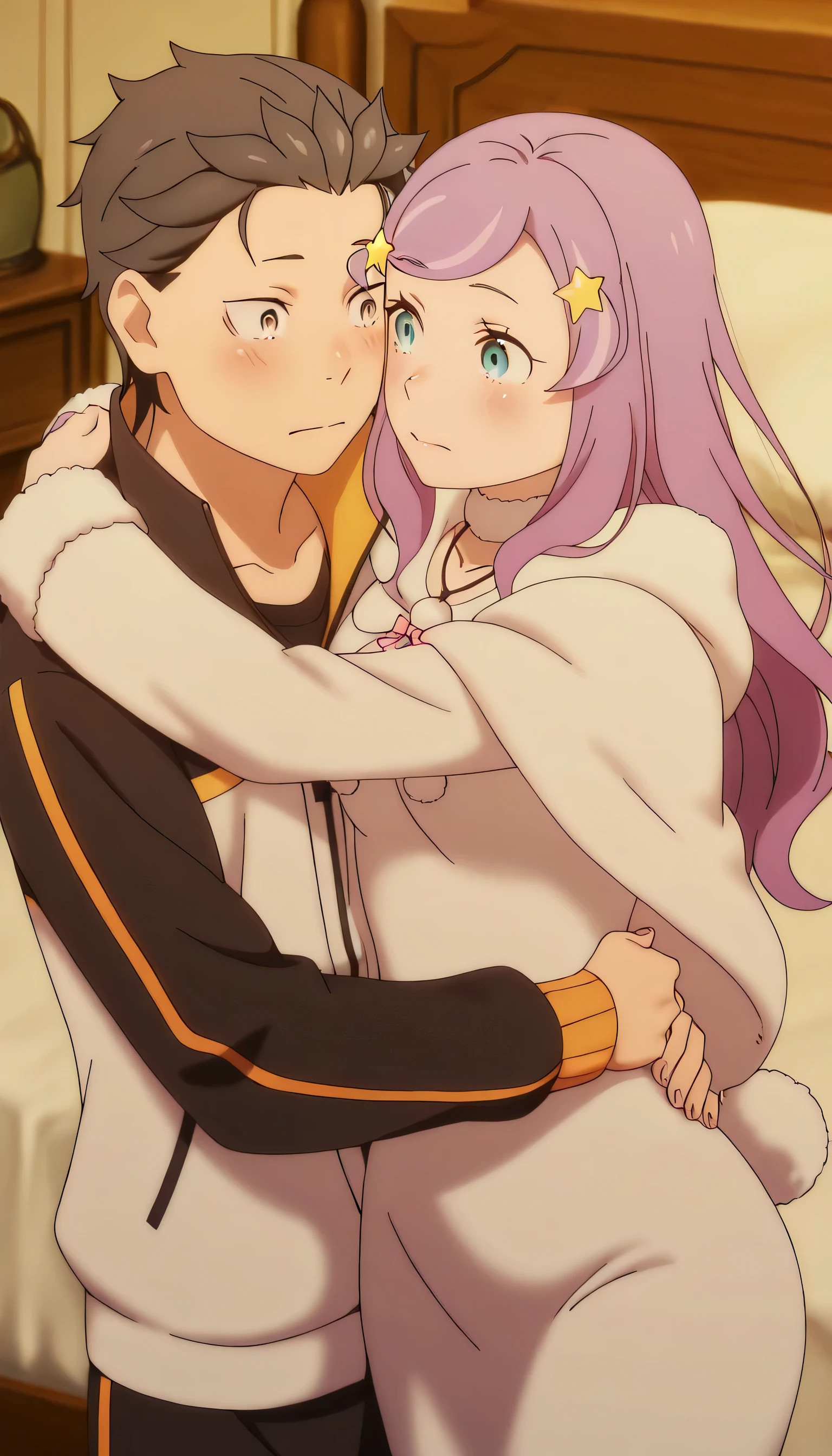 amazing quality, the best quality, masterpiece, newest, Highres, extremely high resolution, anime screenshot, coloring anime, detailed background, screenshot, (couple), Anastasia Hoshin, 1girl, long hair, blue eyes, purple hair, swept bangs, mature woman, pechos pequeños, tight Dress, hair ornament, long sleeves, Dress, bow, star (symbol), white Dress, skin ornament, pink bow, pom pom (Clothes), star hair ornament, (cuckold), (Close-up), a boy, Natsuki_Subaru_locon , black hair, gray hair, jacket, Natsuki Subaru, track jacket, Hug, cabello brillante, photocabello brillante, detailed shadows, Shiny hair shadows, very detailed skin Blush, in bed