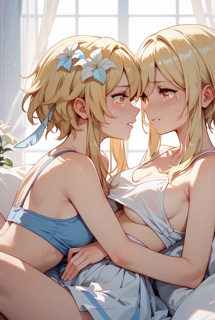2girls, multiple girls, natural lighting, masterpiece, highly detailed, illustration, game CG, absurdres, high quality, glossy lips, looking at each other, lips parted, , bed, blue eyes, ayase eli, ayase arisa, , blonde hair, yellow hair