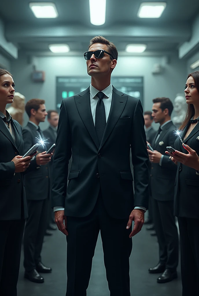 (A ( handsome man , black suit , Magical glowing blue eyes , fighting two beautiful girls 
( Girl's are attacking him wearing  black backless)( they are pointing gun at man head )( they are so beautiful)( black long stylish hair)

( The man is Snap his fingers)
