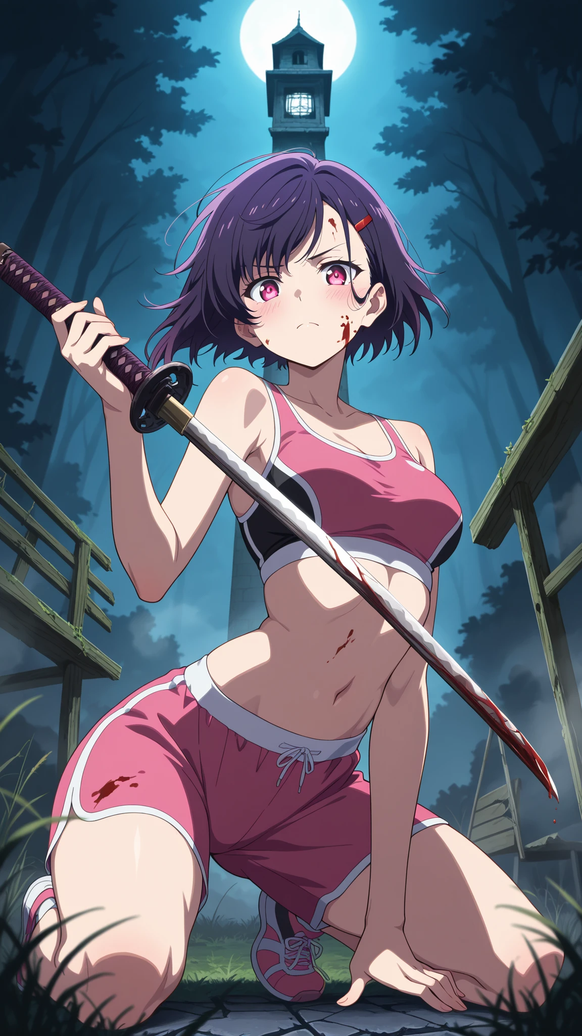 BREAK (masterpiece:1.2), best quality, high resolution, unity 8k wallpaper, (illustration:0.8), (beautiful detailed eyes:1.6),Dark abandoned school yard at night, overgrown grass and weeds covering cracked pavement, rusty swing set creaking in the wind, old tilted school bell tower, broken benches scattered around, dense fog rolling across the ground, pale moonlight casting long eerie shadows, haunting and mysterious atmosphere, cinematic horror mood, ultra-detailed environment, 8K masterpiece concept art,no people,blush, seductive expression,shizuka mikazuki, short hair, purple hair, hair ornament, hairclip, pink eyes, swept bangs,,navel, sports bra, sportswear, shorts, pink shorts,,cowboy shot,looking at viewer,floating hair,serious face,katana in hand,blood on face,blood on clothes,excited,kneeling on all fours, arched back, detailed body posture, soft lighting,focus on curves, suggestive pose, intimate atmosphere,high detail, 4k,from below,from behind,back photo