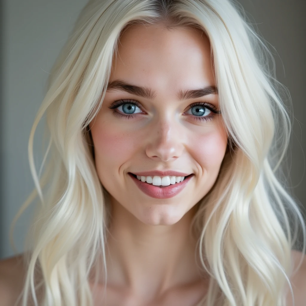 Karina, a hyperrealistic portrait of a 20-year-old Ukrainian girl with a gentle smile, long flowing platinum hair, bright blue eyes, a soft round face, natural skin texture with barely visible pores, minimal makeup, elegant and modern style, cinematic lighting, professional DSLR style, centered composition, neutral background, surprised 