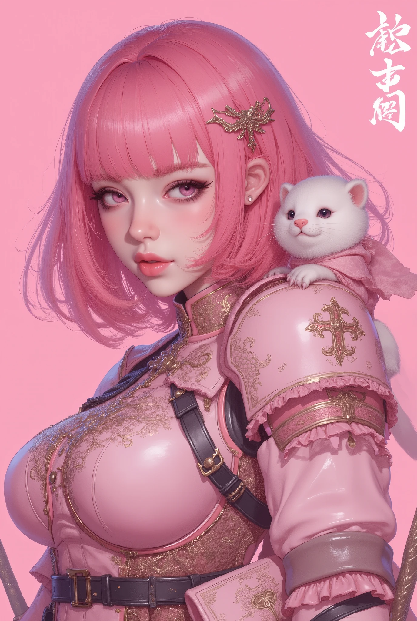 close-up、、Face here and stand up and pose、The outstanding Rin々Funny face、Oriental beauty with bangs, pink hair, short bob、Short-clawed otter riding on shoulders、highest quality、background is a pink arena、wearing pastel pink rococo style armor and holding a rapier and ready for battle