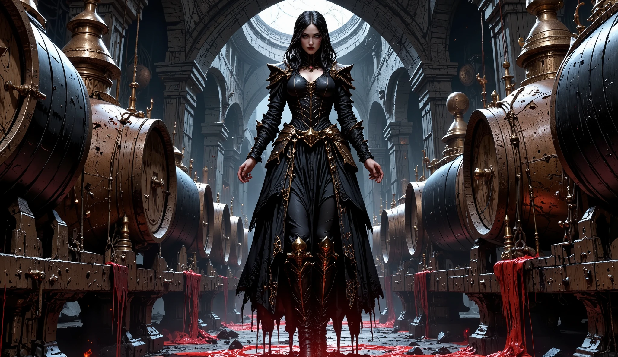 High-resolution image with dark fantasy influence. An underground medieval brewery dominated by large dark wood barrels with rusty metal rims. An imposing oxidized copper fermenter with engraved runes occupies a central position. At the focal point of the scene, hanging between the equipment, a Gothic witch hangs in the air. She is fully dressed in an elaborate black Victorian costume made of layers of stiff fabric that appear to have been molded from solidified candle wax. The dress has structural details that resemble melted wax that flows and solidifies, forming Gothic and occult patterns. Black shibari strings are integrated into the dress design, wrapping it in precise geometric patterns and connecting it to the barrels and the fermenter. Her pale face has dramatic Gothic makeup, black painted lips, intensely outlined eyes and seductive and mysterious expression. Her dark hair is elaborately arranged with tiny droplets of solidified red wax decorating it like jewels. A black and viscous liquid overflows from the copper fermenter, flowing through wooden barrels forming pools on the stone floor. Melted red and black wax flows throughout the scene, partially covering the brewing equipment and appearing to fuse with The witch's dress. Dramatic and contrasting lighting highlights the witch as the main element, creating shadows that highlight her stately presence against the bleak backdrop of brewing equipment