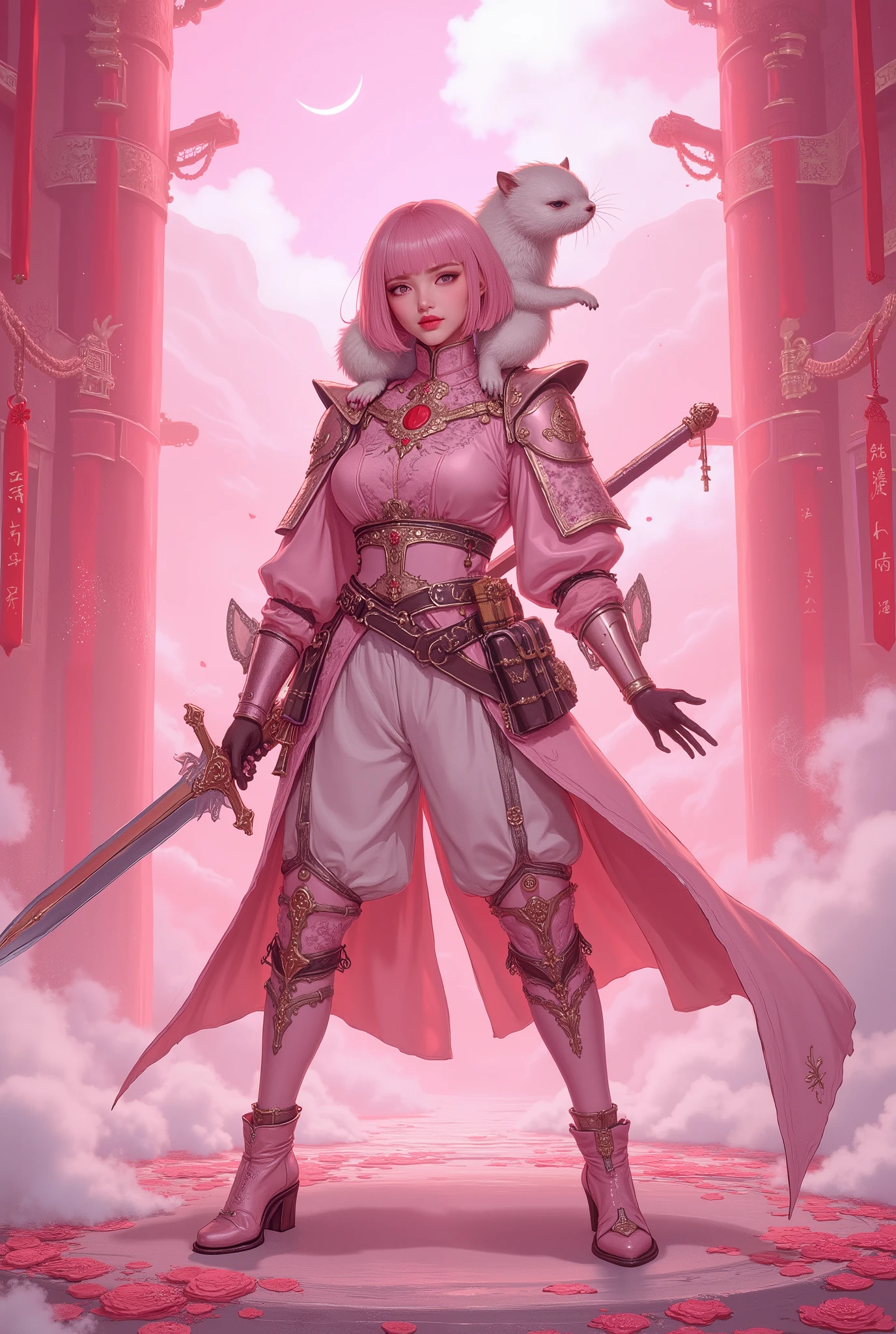 Face here and stand up and pose、The outstanding Rin々Funny face、Oriental beauty with bangs, pink hair, short bob、Short-clawed otter riding on shoulders、highest quality、background is a pink arena、wearing pastel pink rococo style armor and holding a rapier and ready for battle