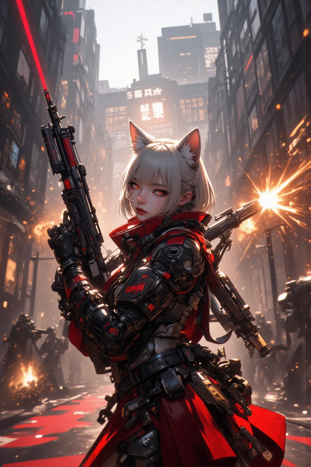 a woman with a gun on a city street, inspired by rossdraws, red waist-long hair, biomechanical , | fine detail anime, red and cyan ink, alejandro burdiso style art, (neotokyo), g liulian art style,  :8, perfect android girl family