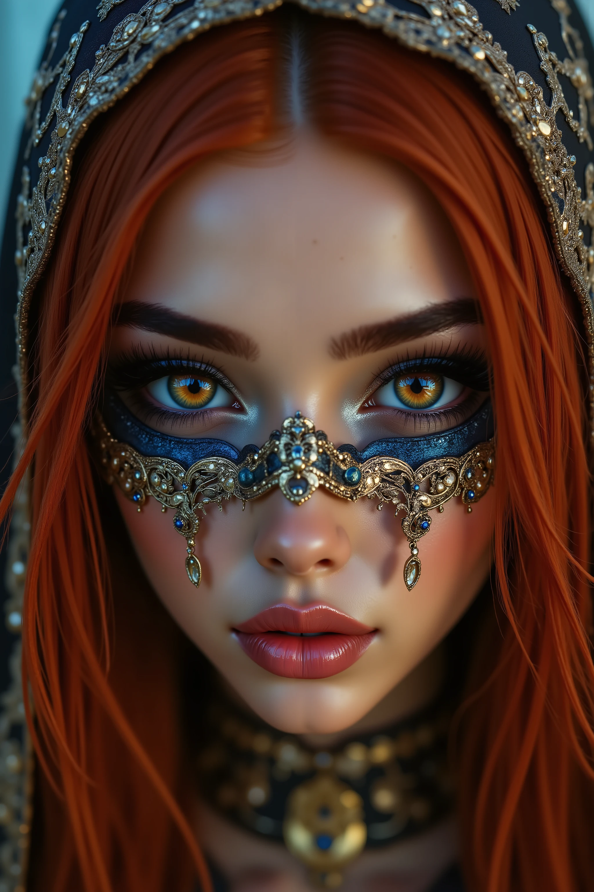 Portrait of an Arab princess, fairy tale image, Fantastic backgrounds, magical atmosphere, [she has a mask and falling fringes (chaining) cover the lower part of the face:1.16], Ultra-realistic (photorealistic Realism), (ultra realistic texture details: velvety skin, hair), [red hair, Intricately details],(Key Directive: - ("The priority is the anatomical accuracy and texture of the materials" - "Ultra-sharp human eyes with biological accuracy") "Eyes: (acid-resistant terminology) (macro-details): * Moist corneal surface (visible aqueous layer:1 . 2) * Hyper-detailed iris stroma (((brown) with gold flecks)) * Precise limbal ring (slightly darker pigmentation:1 . 22) * Pupil micro-texture (irregular edge authenticity:0 . 9) * Vasculature in sclera (subtle red veins radiating from limbus)" - "Lashes: blue individual synthetic fibers (crosshatched roots:1 . 2 , clump-free separation)" Technical Specs: - "Shutter Speed:1/500 (freeze eye micro-movements)" - "Focus Stacking:7-point coverage on iris plane"), (Post-Processing: - "Frequency separation for skin vs eye details" - "Selective sharpening: eyes170% , hair150%" (Avoid: "pupil distortion , uncanny valley asymmetry , plastic-like wetness")