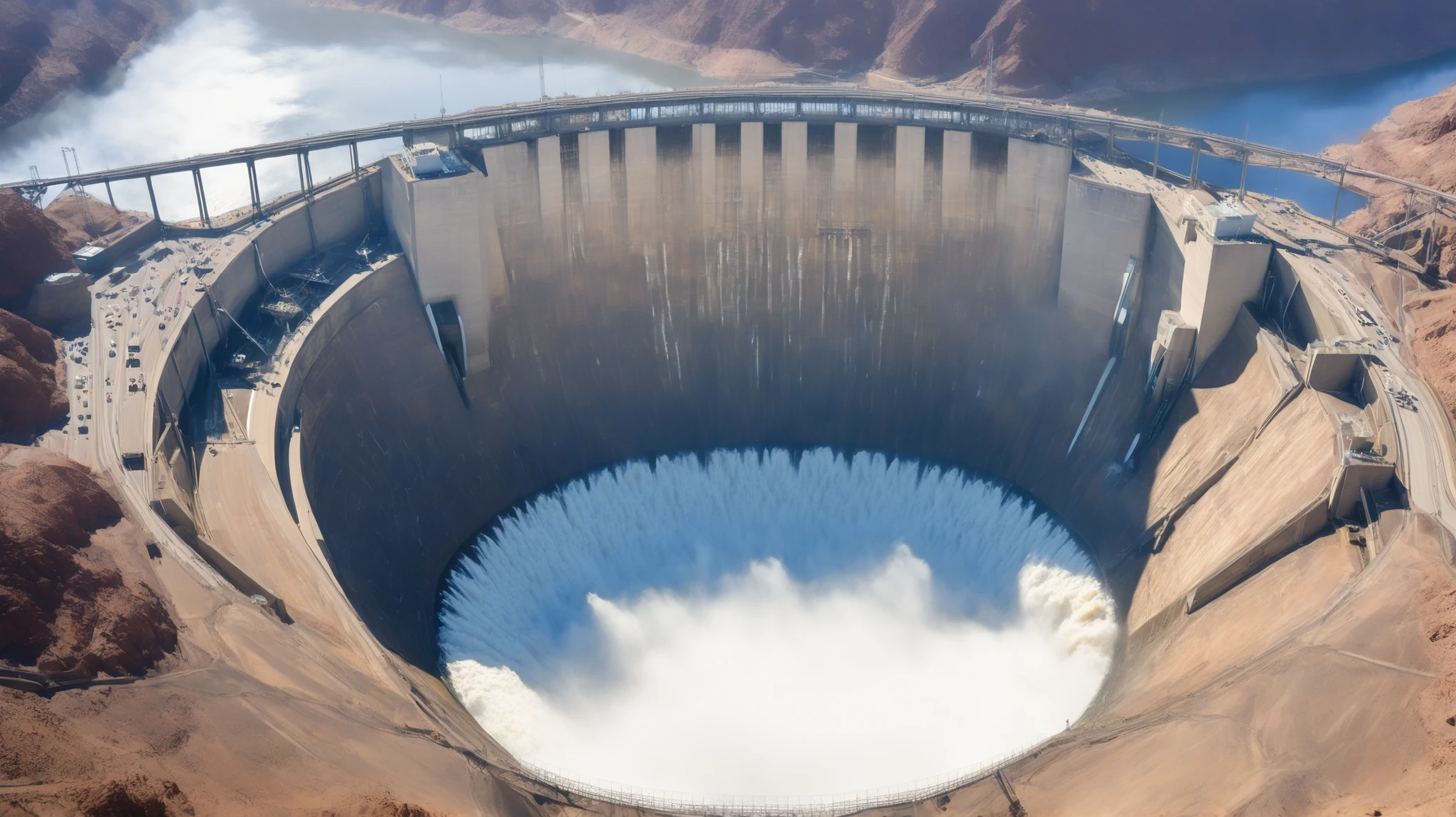8k,ultra highres:high-definition images、(realistic expression:1.5),Nevada、(The huge Hoover Dam)、(Hoover Damの性格な構造と配置:1.5),(220m high gravity arch dam:1.5),(The majestic atmosphere of a supermassive structure:1.5),(Image taken from above:1.5),(There is a hydroelectric power plant at the bottom of the dam and fog is coming out of the power plant:1.5),dammed the Colorado River、Lake Made was formed from stored water、fish at Lake Maid, jet ski, wait. You can、(The exterior of the majestic dam:1.5)、(mega structure:1.5),