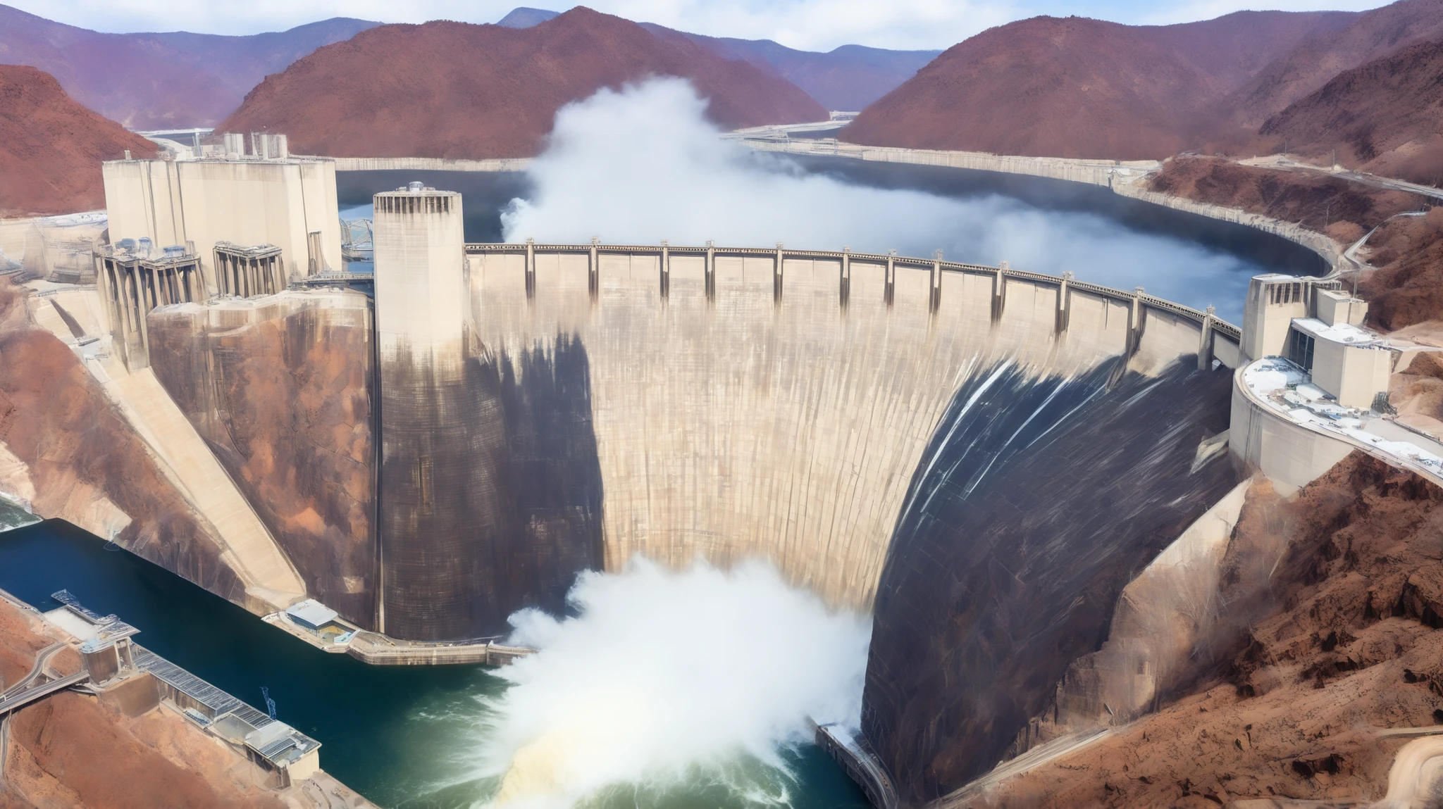 8k,ultra highres:high-definition images、(realistic expression:1.5),Nevada、(The huge Hoover Dam)、(Hoover Damの性格な構造と配置:1.5),(220m high gravity arch dam:1.5),(The majestic atmosphere of a supermassive structure:1.5),(Image taken from above:1.5),(There is a hydroelectric power plant at the bottom of the dam and fog is coming out of the power plant:1.5),dammed the Colorado River、Lake Made was formed from stored water、fish at Lake Maid, jet ski, wait. You can、(The exterior of the majestic dam:1.5)、(mega structure:1.5),