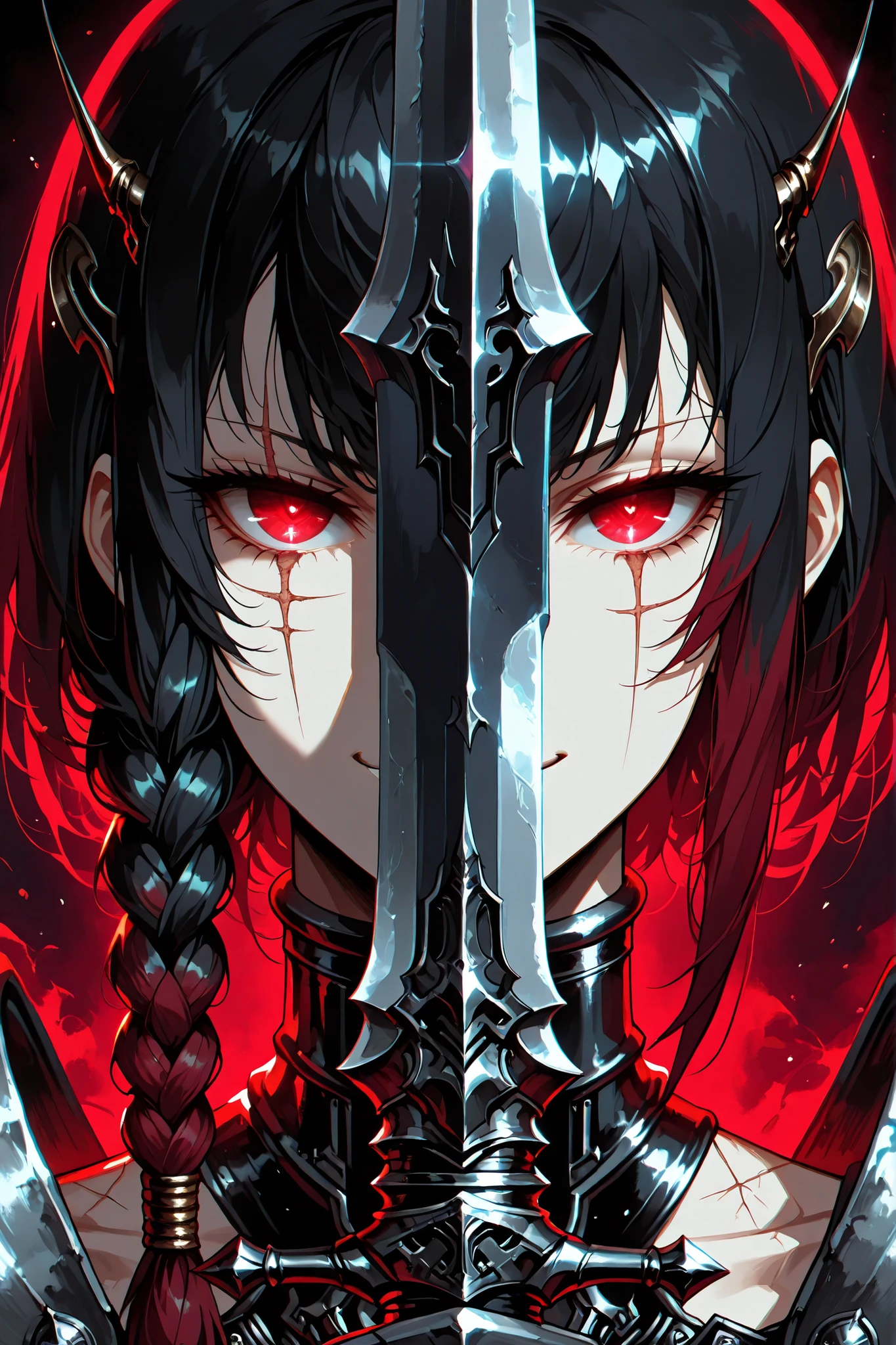 handfixer, UHD, masterpiece, anatomically correct, textured skin, super detail, best quality, high-res, 16k, 1girl, solo, Cyber black templar, Black hair side cut with red tips one braid on shoulder, smirk, little make up, long scar across eye, mask cover eyes, no eyes, Ear antennae, claymore up, power claymore, claymore salute, half face covered with blade, looking at viewer, face only image