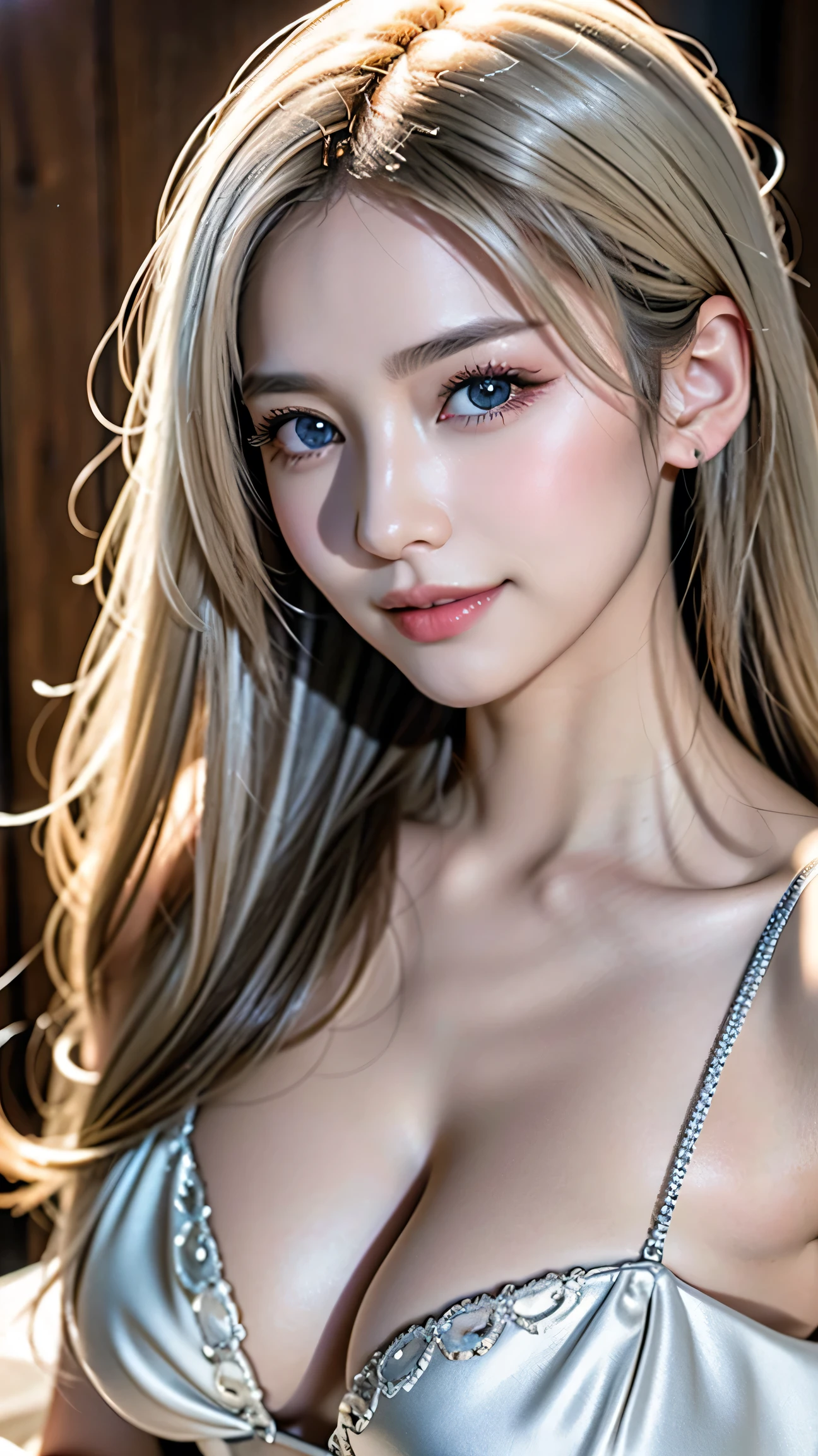 best quality, masterpiece, highres,1girl,beautiful face, nude, naked, colorful, painting burst, artstation, concept art, smooth, sharp focus, illustration, dreamy magical atmosphere, art by artgerm and greg rutkowski and alphonse mucha(highest quality、8K、wonderful、Super realistic)、woman、(fine eyes、beautiful eyes、fine skin、fine lip、lip gloss)、tanned skin、constriction、Tight business suit、Blouse is white、inside the office、whole body、smiling、hair is blonde、fashion model pose、Much like Ayase、elated look、