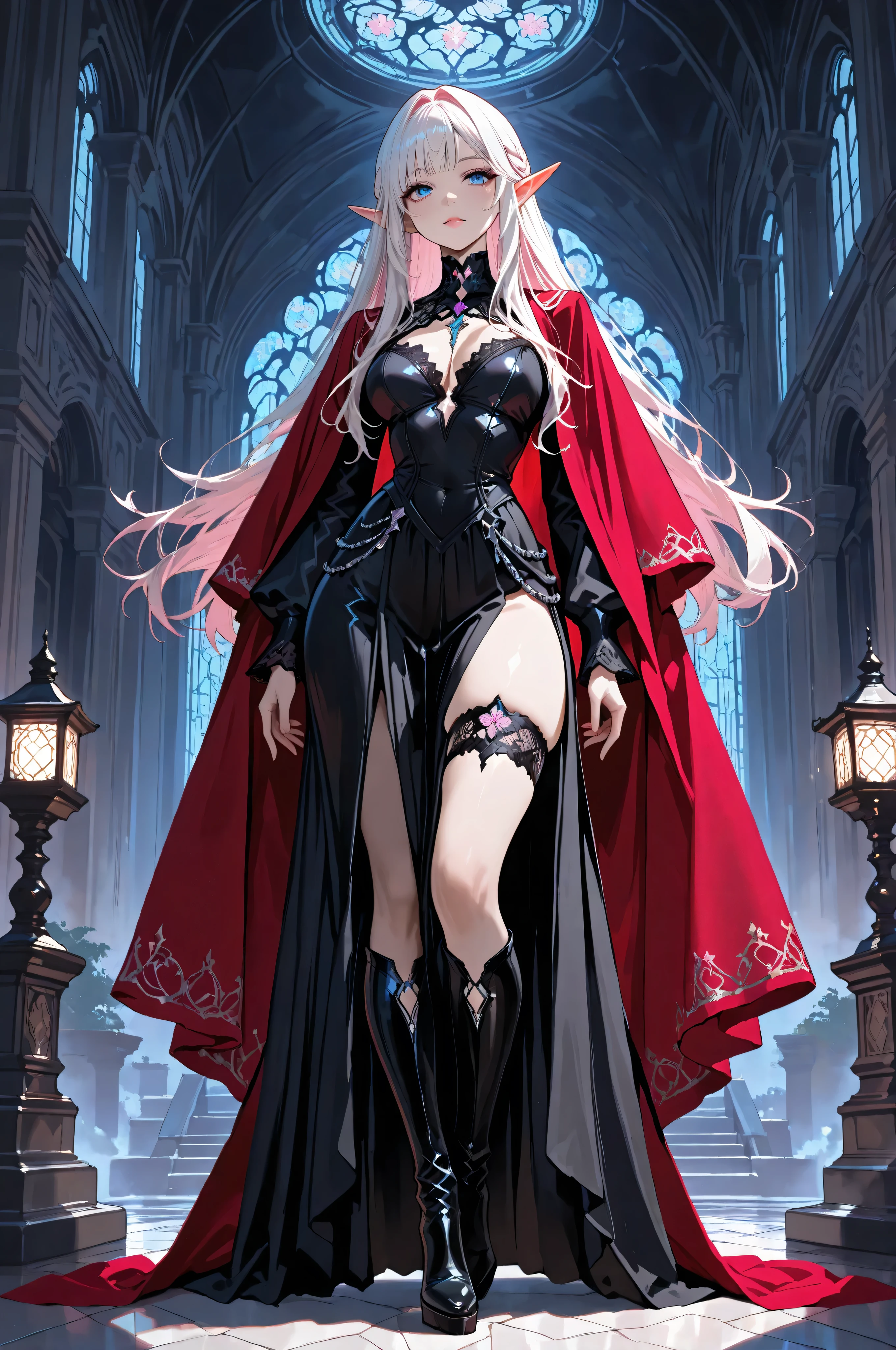 aidmaMJ6.1,femillustration,portrait of an elf maiden serving in a cyber futuristic elf temple (Masterpiece, best quality), ultra feminine, with a long curvy hair, light color hair, blue eyes, ((beautiful delicate face)), Ultra Detailed Face, red cloak, wearing an intricate black dress, with cyber implants, high heeled boots, cyber punk art, full body, best details, highly detailed, best quality, highres, cyber temple background, soft light, dynamic light, high details, best quality, 16k, ultra detailed, masterpiece, best quality, (extremely detailed), dynamic angle
