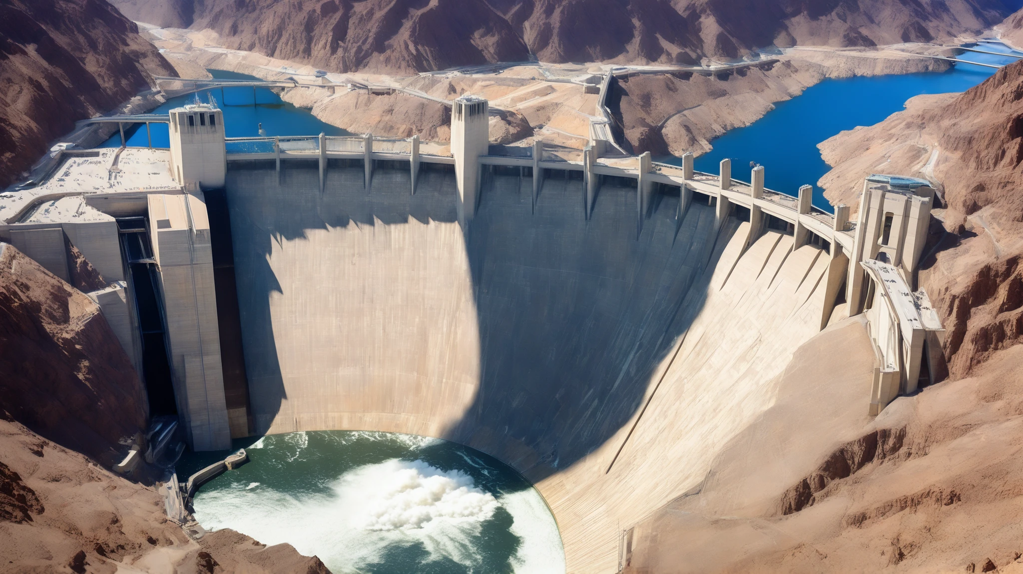 8k,ultra highres:high-definition images、(realistic expression:1.5),Nevada、(The huge Hoover Dam)、(Hoover Damの性格な構造と配置:1.5),(220m high gravity arch dam:1.5),(The majestic atmosphere of a supermassive structure:1.5),(Image taken from above:1.5),(There is a hydroelectric power station at the bottom of the dam:1.5),There is some fog all over,dammed the Colorado River、Lake Made was formed from stored water、fish at Lake Maid, jet ski, wait. You can、(The exterior of the majestic dam:1.5)、(mega structure:1.5),