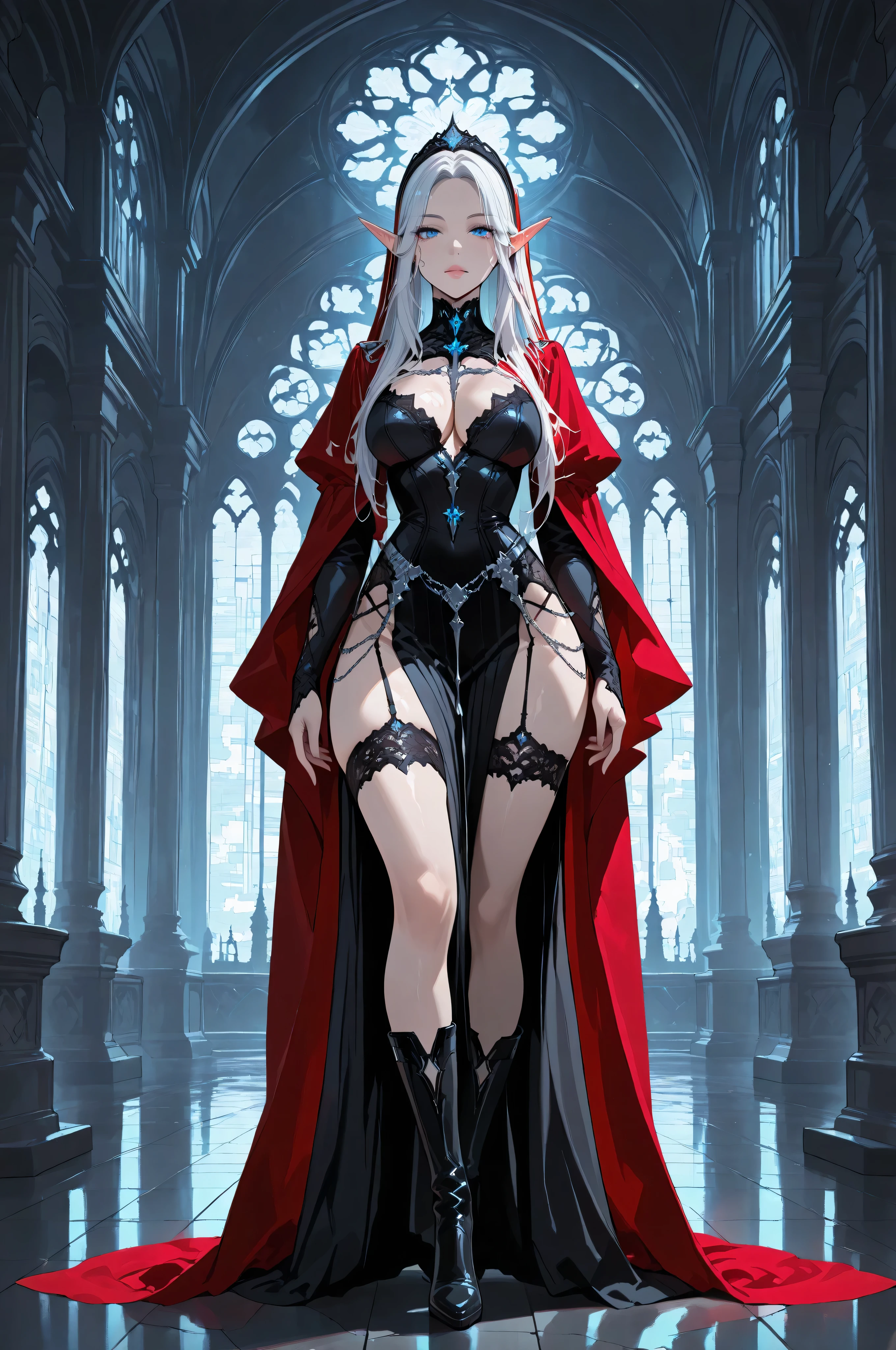 aidmaMJ6.1,femillustration,portrait of an elf maiden serving in a cyber futuristic elf temple (Masterpiece, best quality), ultra feminine, with a long curvy hair, light color hair, blue eyes, ((beautiful delicate face)), Ultra Detailed Face, red cloak, wearing an intricate black dress, with cyber implants, high heeled boots, cyber punk art, full body, best details, highly detailed, best quality, highres, cyber temple background, soft light, dynamic light, high details, best quality, 16k, ultra detailed, masterpiece, best quality, (extremely detailed), dynamic angle
