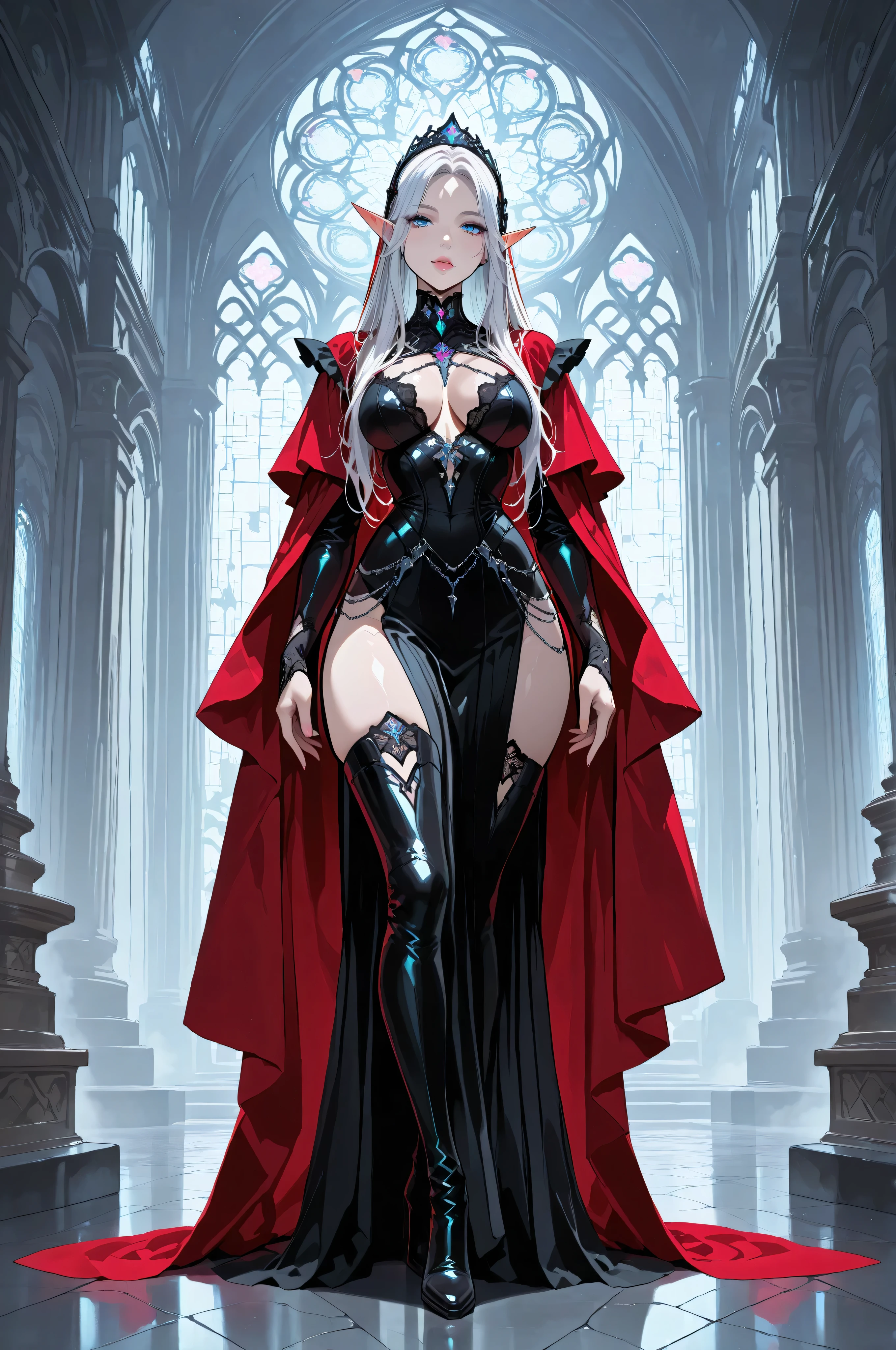 aidmaMJ6.1,femillustration,portrait of an elf maiden serving in a cyber futuristic elf temple (Masterpiece, best quality), ultra feminine, with a long curvy hair, light color hair, blue eyes, ((beautiful delicate face)), Ultra Detailed Face, red cloak, wearing an intricate black dress, with cyber implants, high heeled boots, cyber punk art, full body, best details, highly detailed, best quality, highres, cyber temple background, soft light, dynamic light, high details, best quality, 16k, ultra detailed, masterpiece, best quality, (extremely detailed), dynamic angle
