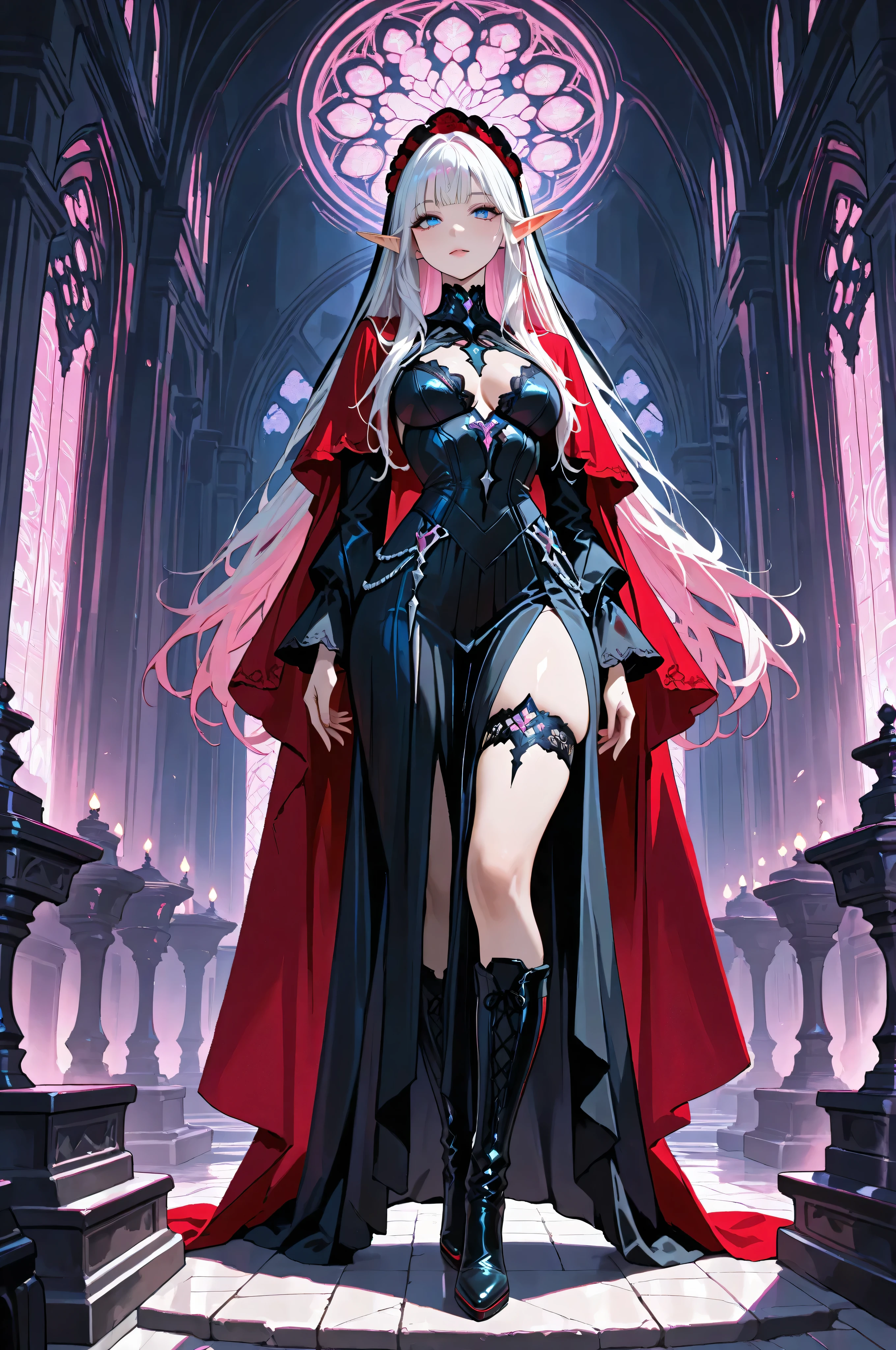 aidmaMJ6.1,femillustration,portrait of an elf maiden serving in a cyber futuristic elf temple (Masterpiece, best quality), ultra feminine, with a long curvy hair, bright color hair, blue eyes, ((beautiful delicate face)), Ultra Detailed Face, red cloak, wearing an intricate black dress, with cyber implants, high heeled boots, cyber punk art, full body, best details, highly detailed, best quality, highres, cyber temple background, soft light, dynamic light, high details, best quality, 16k, ultra detailed, masterpiece, best quality, (extremely detailed), dynamic angle