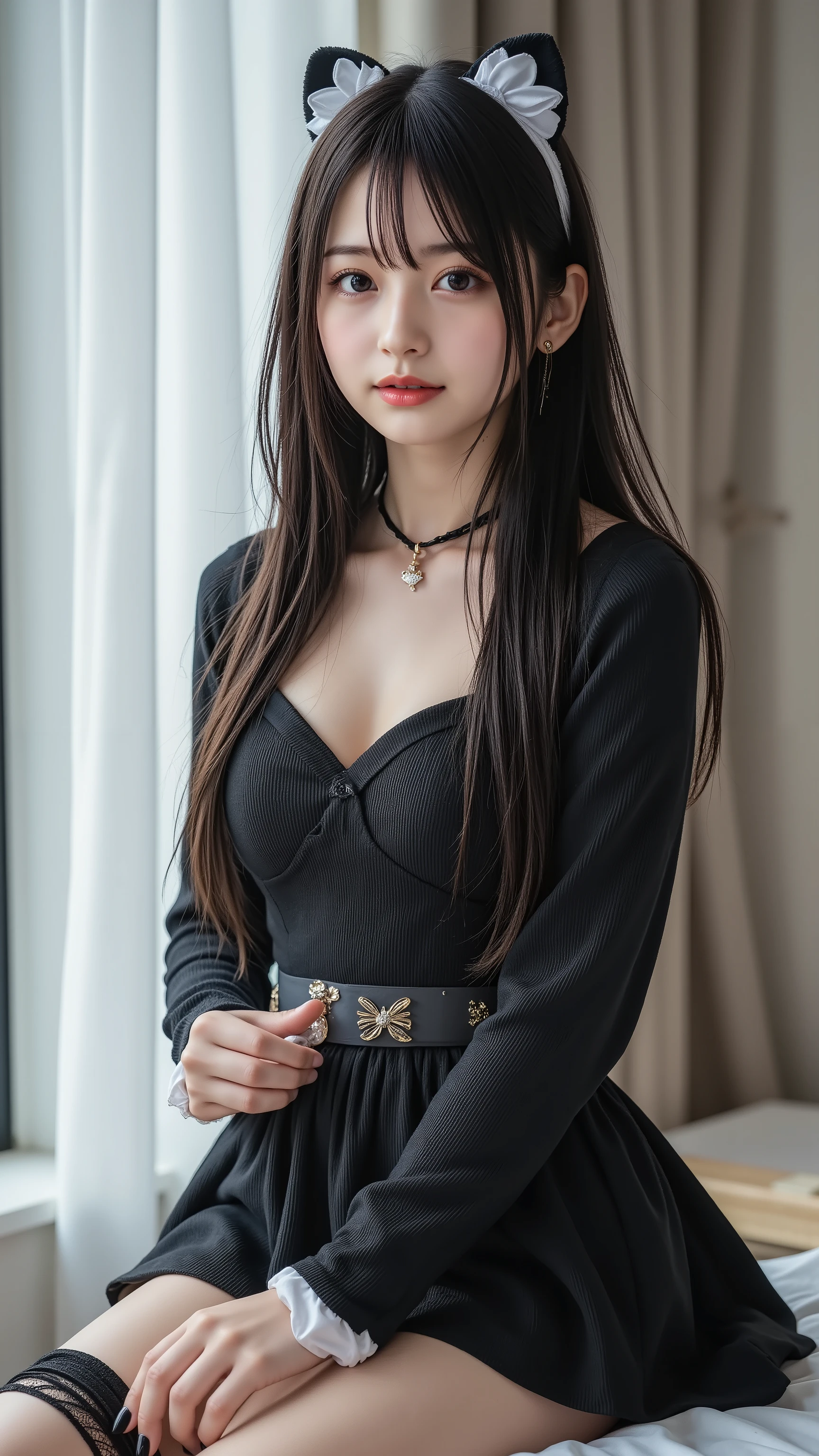 Highest Quality, shape, Highly Detailed, High Precision, 8K Wallpaper, perfect dynamic configuration, beautiful woman in gothic maid outfit, semi-long hair, natural lips, Long sleeve black knit dress , BIG BREASTS, randomly cute poses, Original photo, perfect body, cute face, ((random sexy pose 、Put in、Deep joy, drunk eyes:1.2)), (( Take a deep breath :1.2)), ecstatic face、 climax expression, lying on the bed、my whole body is shaking, camera angles are very low , Pin viewer , ,(Hairy:1.2),( Mekosuji ), ((girls:1.5)), (( Take a deep breath:1.2)), ((Yawning))