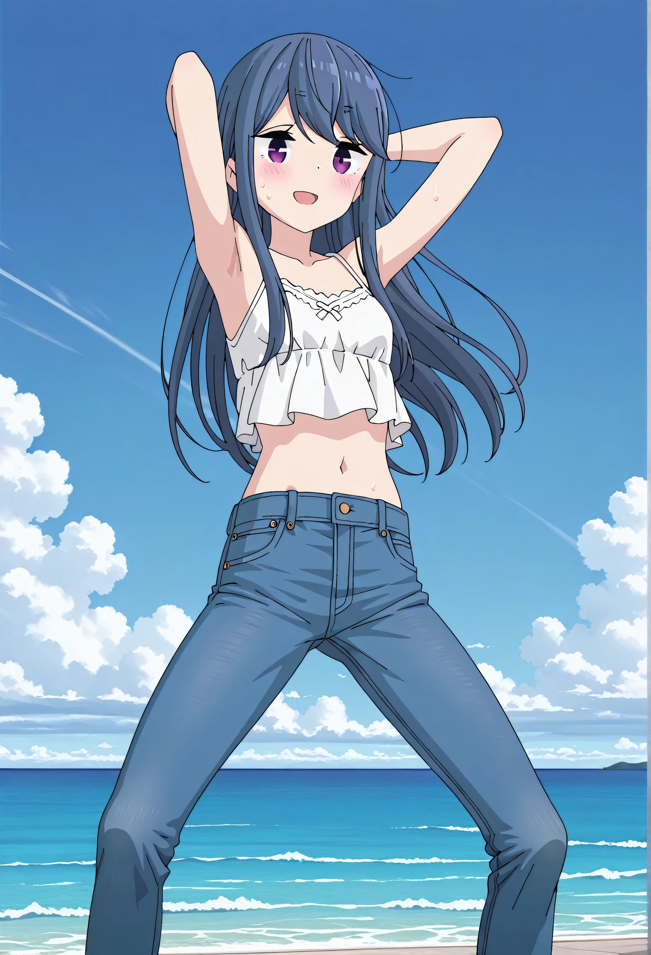 score_9, score_8_up, score_7_up, source_anime, highres, hi res, best quality, top quality, masterpiece, 2d, intricate details, official style, anime, 4k, anime style, 1 girl, Alone, solo, ((ocean)), tsunami, on the water, day, outdoors, sky, windy, rin shima, blue hair, purple eyes, sidelocks, long hair, small breasts, white camisole top, crop top, white crop top, best quality, ((blue jeans:1.9)), (dark blue jeans:0.6), full medium body, medium shot, Open mouth, smiling, happy face, blush, sweat, standing, arms behind head, bowlegged, jumping pose, action, looking at viewer, spread legs, Bend knees slightly, straight-on front view