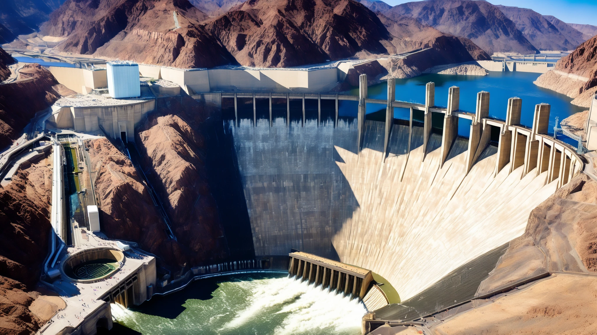 8k,ultra highres:high-definition images、(realistic expression:1.5),Nevada、(The huge Hoover Dam)、(Hoover Damの性格な構造と配置:1.5),(220m high gravity arch dam:1.5),(The majestic atmosphere of a supermassive structure:1.5),(Image taken from above:1.5),(There is a hydroelectric power station at the bottom of the dam:1.5),There is some fog all over,dammed the Colorado River、Lake Made was formed from stored water、fish at Lake Maid, jet ski, wait. You can、(The exterior of the majestic dam:1.5)、(mega structure:1.5),