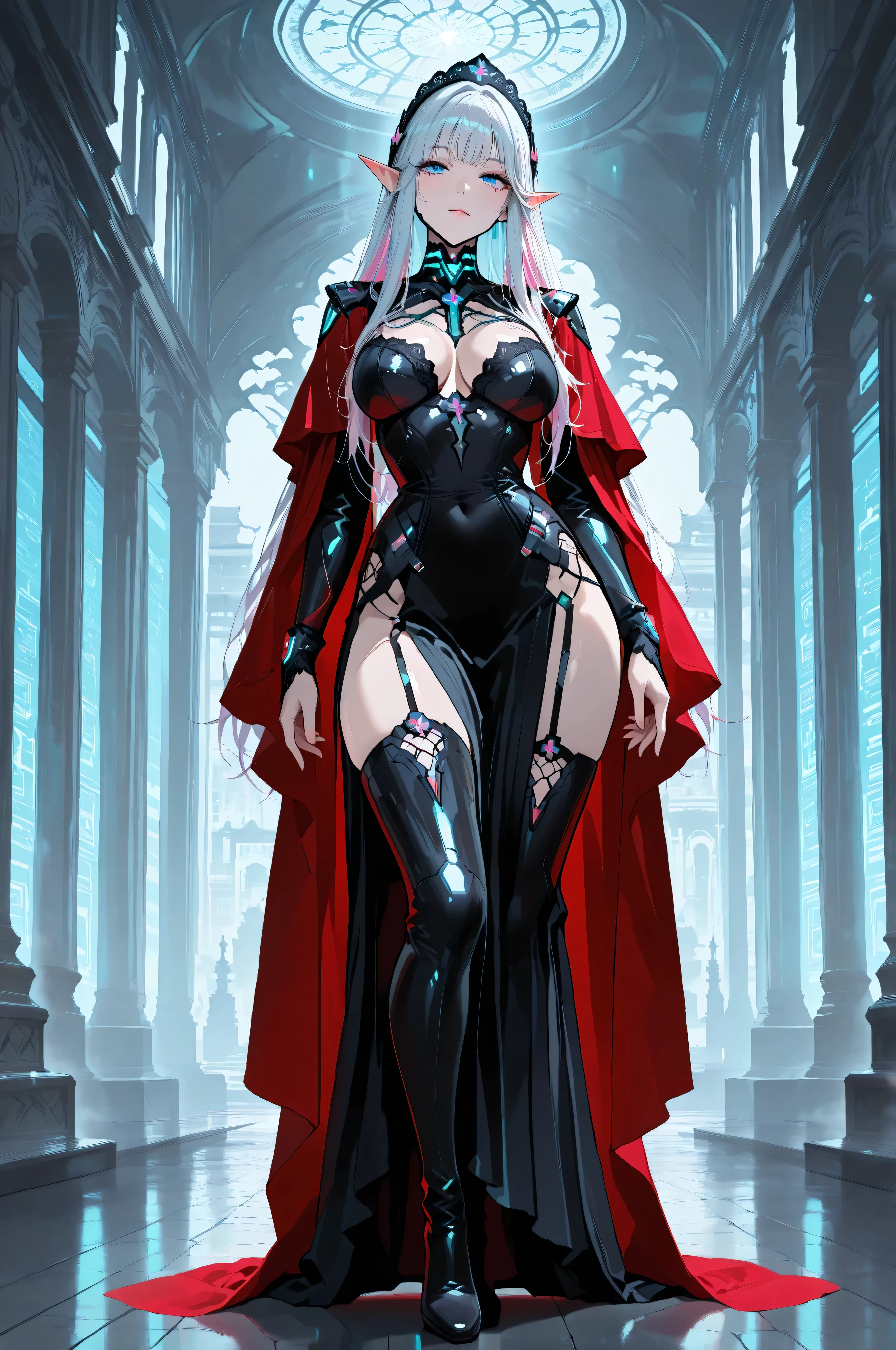 aidmaMJ6.1,femillustration,portrait of an elf maiden serving in a cyber futuristic elf temple (Masterpiece, best quality), ultra feminine, with a long curvy hair, light color hair, blue eyes, ((beautiful delicate face)), Ultra Detailed Face, red cloak, wearing an intricate black dress, with cyber implants, high heeled boots, cyber punk art, full body, best details, highly detailed, best quality, highres, cyber temple background, soft light, dynamic light, high details, best quality, 16k, ultra detailed, masterpiece, best quality, (extremely detailed), dynamic angle