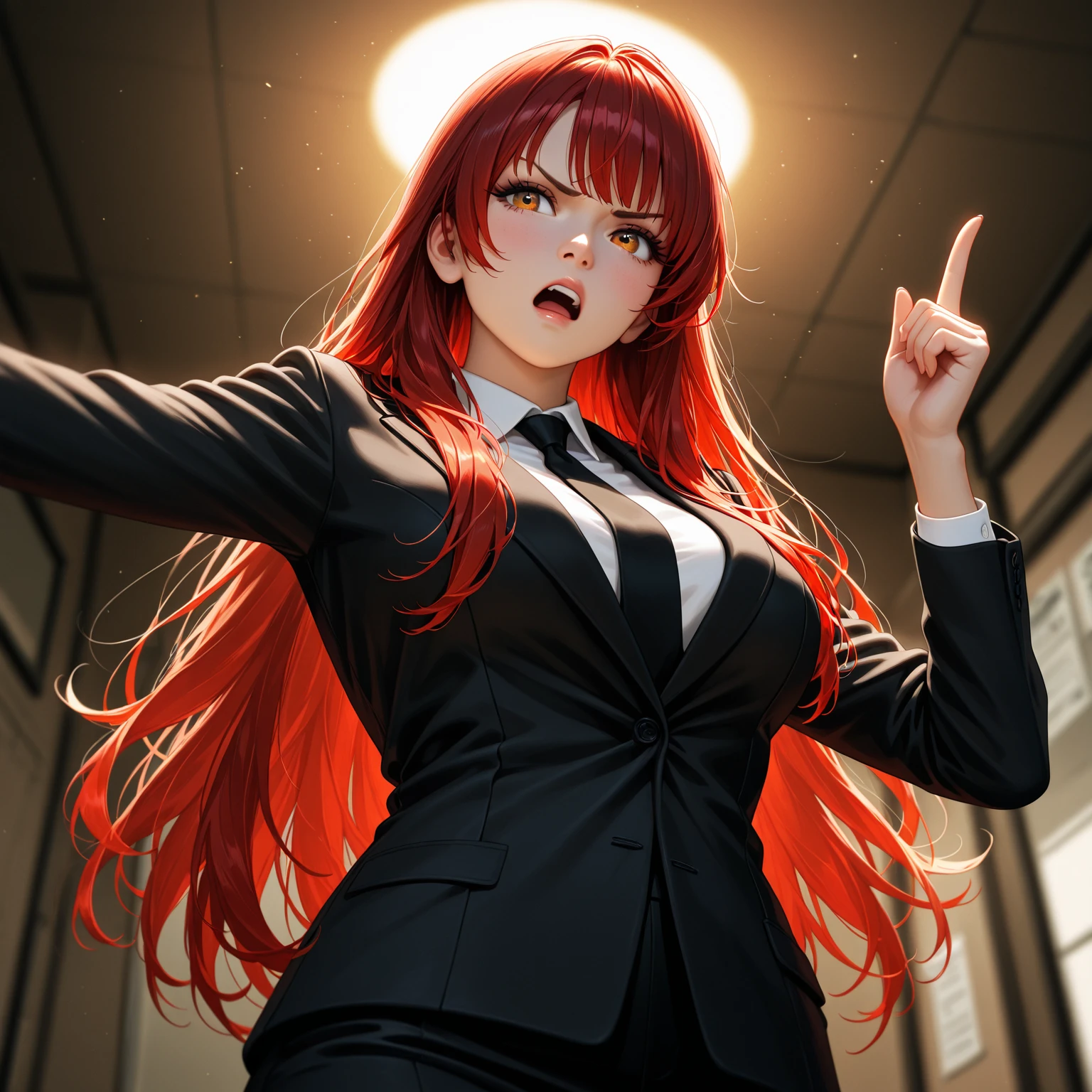 beautiful gorgeous Makima woman staring at the viewer, yellow eyes, sharp, red hair, white shirt, black , long legs, black tie, volumetric lightning, superdetailed