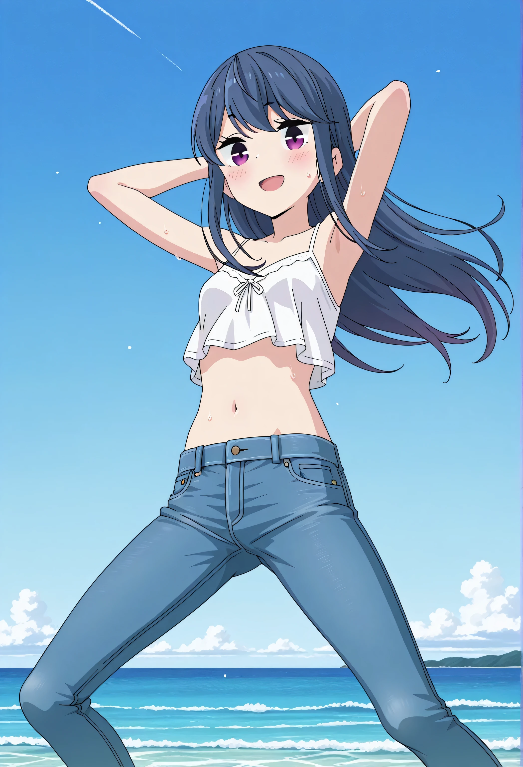 score_9, score_8_up, score_7_up, source_anime, highres, hi res, best quality, top quality, masterpiece, 2d, intricate details, official style, anime, 4k, anime style, 1 girl, Alone, solo, ((ocean)), tsunami, on the water, day, outdoors, sky, windy, rin shima, blue hair, purple eyes, sidelocks, long hair, small breasts, white camisole top, crop top, white crop top, best quality, ((blue jeans:1.9)), (dark blue jeans:0.6), full medium body, medium shot, Open mouth, smiling, happy face, blush, sweat, standing, arms behind head, bowlegged, jumping pose, action, looking at viewer, spread legs, Bend knees slightly, straight-on front view