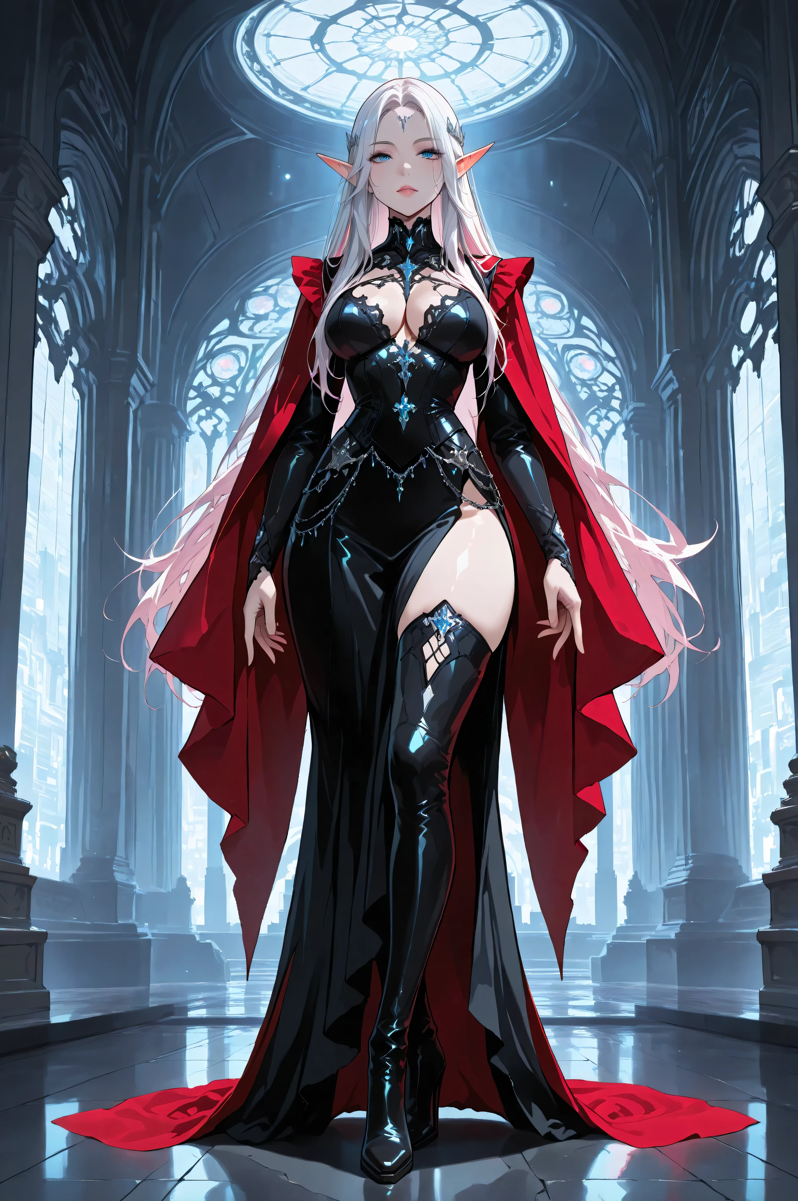 aidmaMJ6.1,femillustration,portrait of an elf maiden serving in a cyber futuristic elf temple (Masterpiece, best quality), ultra feminine, with a long curvy hair, light color hair, blue eyes, ((beautiful delicate face)), Ultra Detailed Face, red cloak, wearing an intricate black dress, with cyber implants, high heeled boots, cyber punk art, full body, best details, highly detailed, best quality, highres, cyber temple background, soft light, dynamic light, high details, best quality, 16k, ultra detailed, masterpiece, best quality, (extremely detailed), dynamic angle