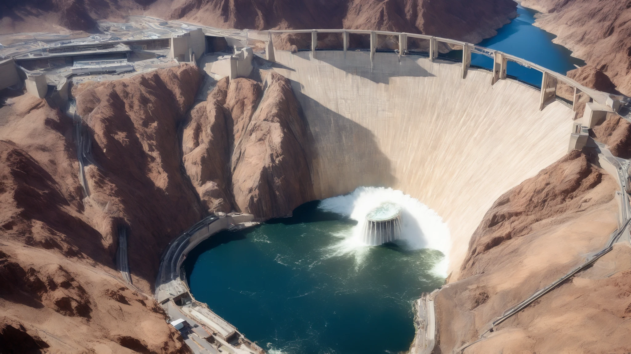 8k,ultra highres:high-definition images、(realistic expression:1.5),Nevada、(The huge Hoover Dam)、(Hoover Damの性格な構造と配置:1.5),(220m high gravity arch dam:1.5),(The majestic atmosphere of a supermassive structure:1.5),(Image taken from above:1.5),(There is a hydroelectric power station at the bottom of the dam:1.5),There is some fog all over,dammed the Colorado River、Lake Made was formed from stored water、fish at Lake Maid, jet ski, wait. You can、(The exterior of the majestic dam:1.5)、(mega structure:1.5),