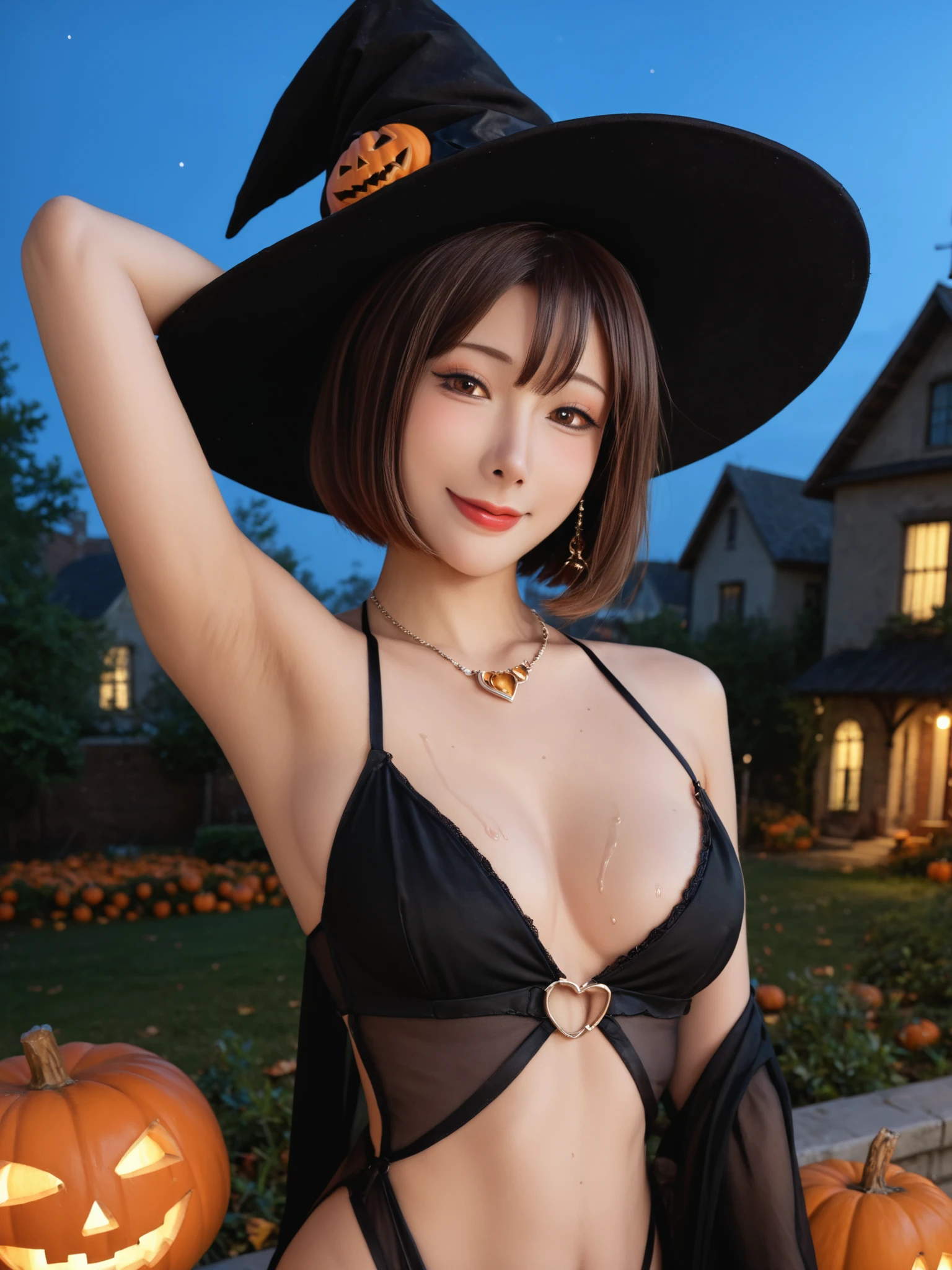 Highest Quality,masterpiece,watch viewers,Soft Touch,Delicate Body Curves,Realistic Human Body,Armpit,sweat,bob cut,beautiful pictures of Halloween, Disconnect, big boobs, saggy chest, Witch Hat, witch costume, Halloween, bat, night, city, cemetry,outdoor, smile, dynamic angle, detail, Realistic, photoRealistic, brown eyes, masterpiece, 8k, Original photo, Realistic skin detail,slender body, female character like an hourglass, watch viewers