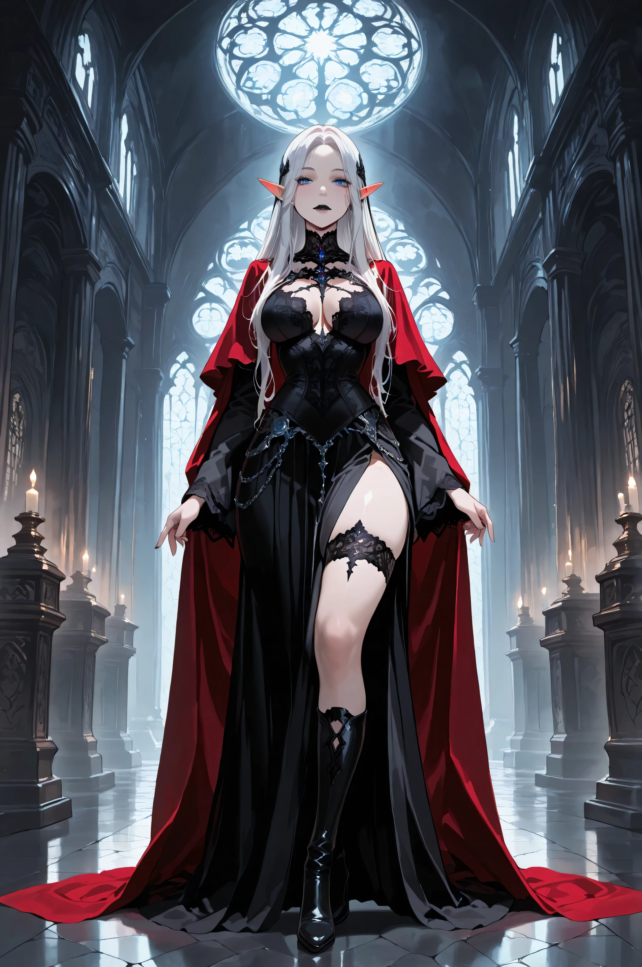 aidmaMJ6.1,femillustration,portrait of an elf maiden serving in a goth elf temple (Masterpiece, best quality), ultra feminine, with a long curvy hair, light color hair, blue eyes, ((beautiful delicate face)), Ultra Detailed Face, red cloak, wearing an intricate black dress, with cyber implants, high heeled boots, goth art, full body, best details, highly detailed, best quality, highres, cyber temple background, soft light, dynamic light, high details, best quality, 16k, ultra detailed, masterpiece, best quality, (extremely detailed), dynamic angle
