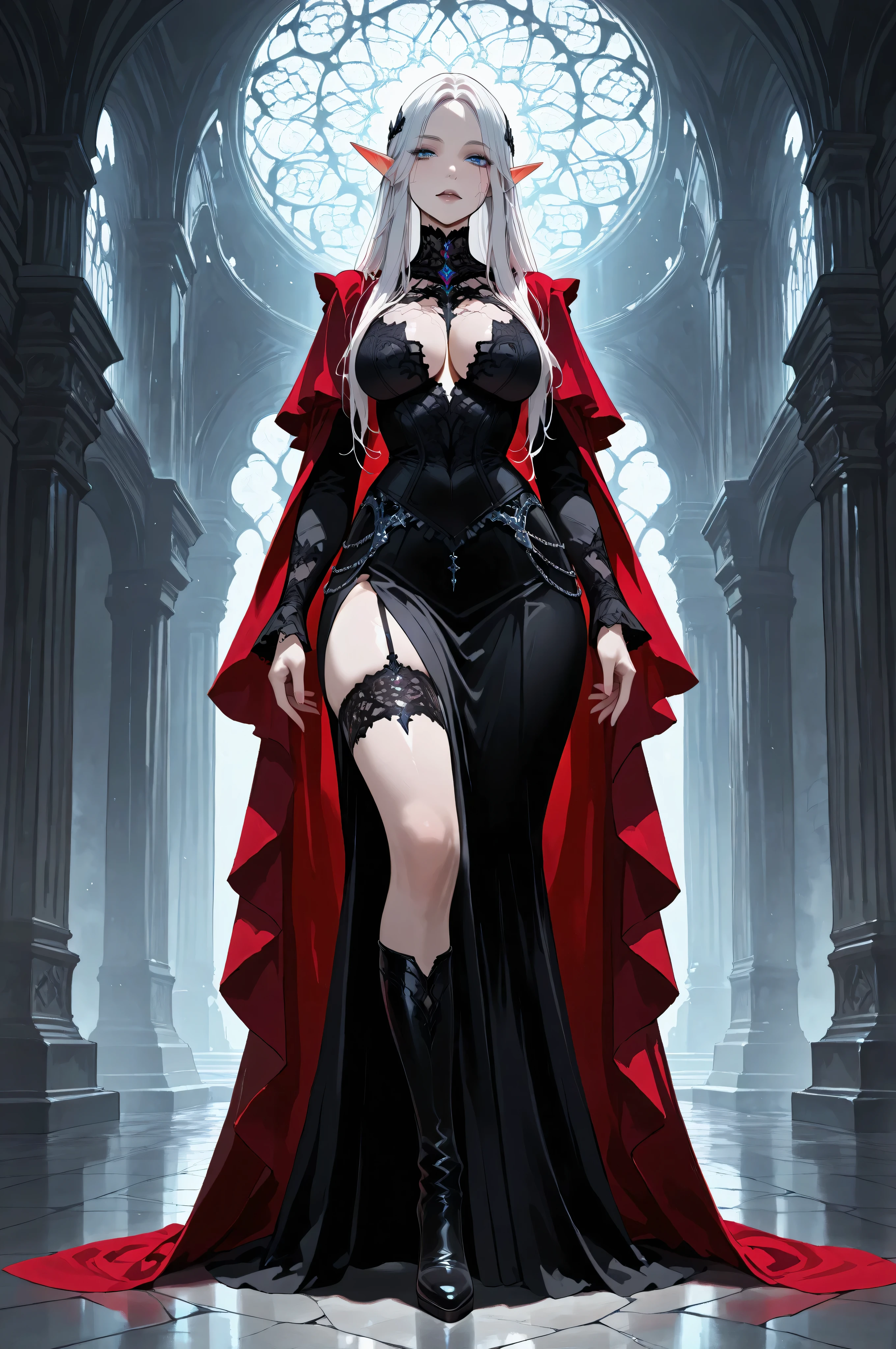 aidmaMJ6.1,femillustration,portrait of an elf maiden serving in a goth elf temple (Masterpiece, best quality), ultra feminine, with a long curvy hair, light color hair, blue eyes, ((beautiful delicate face)), Ultra Detailed Face, red cloak, wearing an intricate black dress, with cyber implants, high heeled boots, goth art, full body, best details, highly detailed, best quality, highres, cyber temple background, soft light, dynamic light, high details, best quality, 16k, ultra detailed, masterpiece, best quality, (extremely detailed), dynamic angle